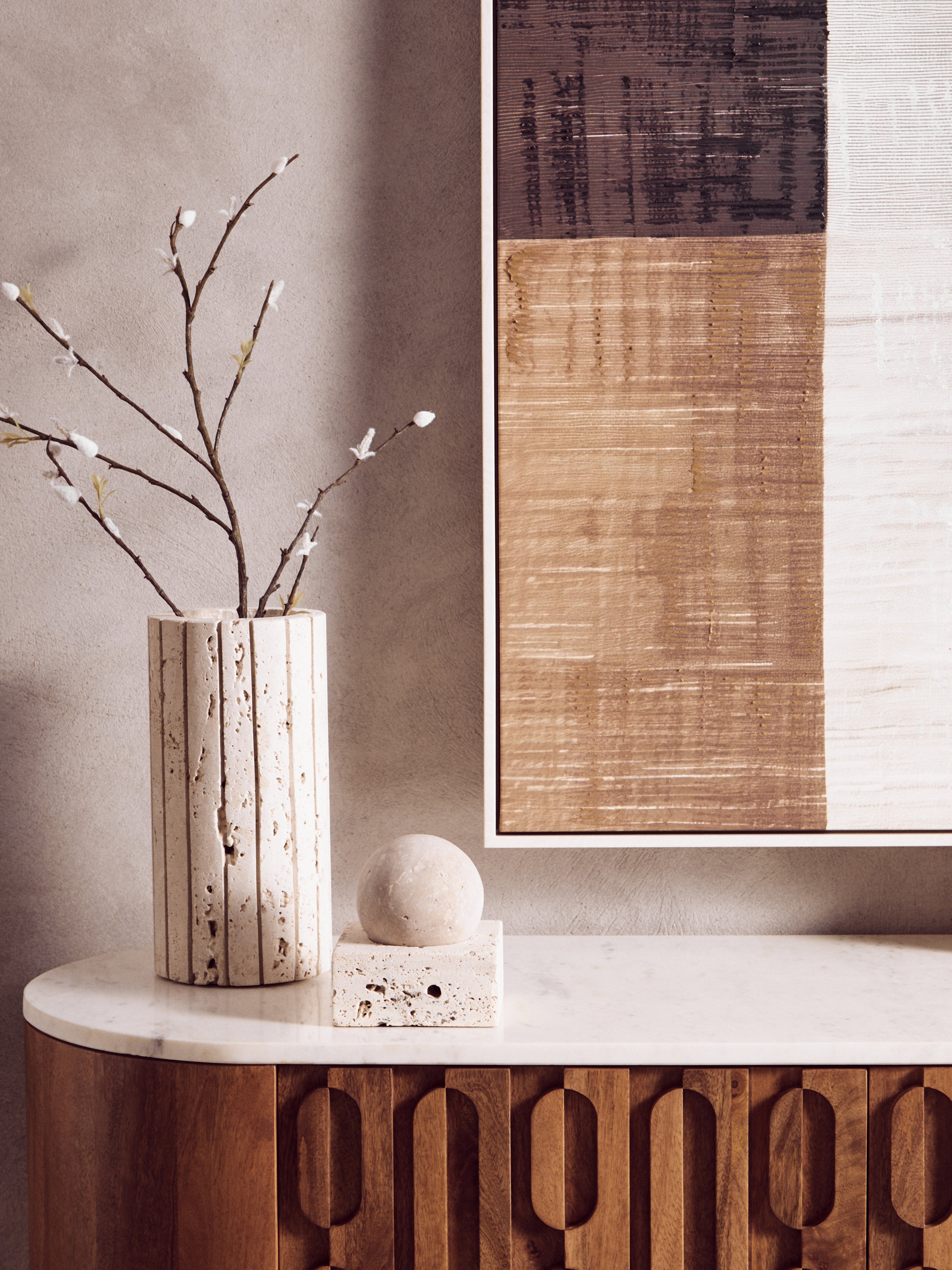 Chiara Carved Brown Mango Wood & White Marble Sideboard | 3 Doors