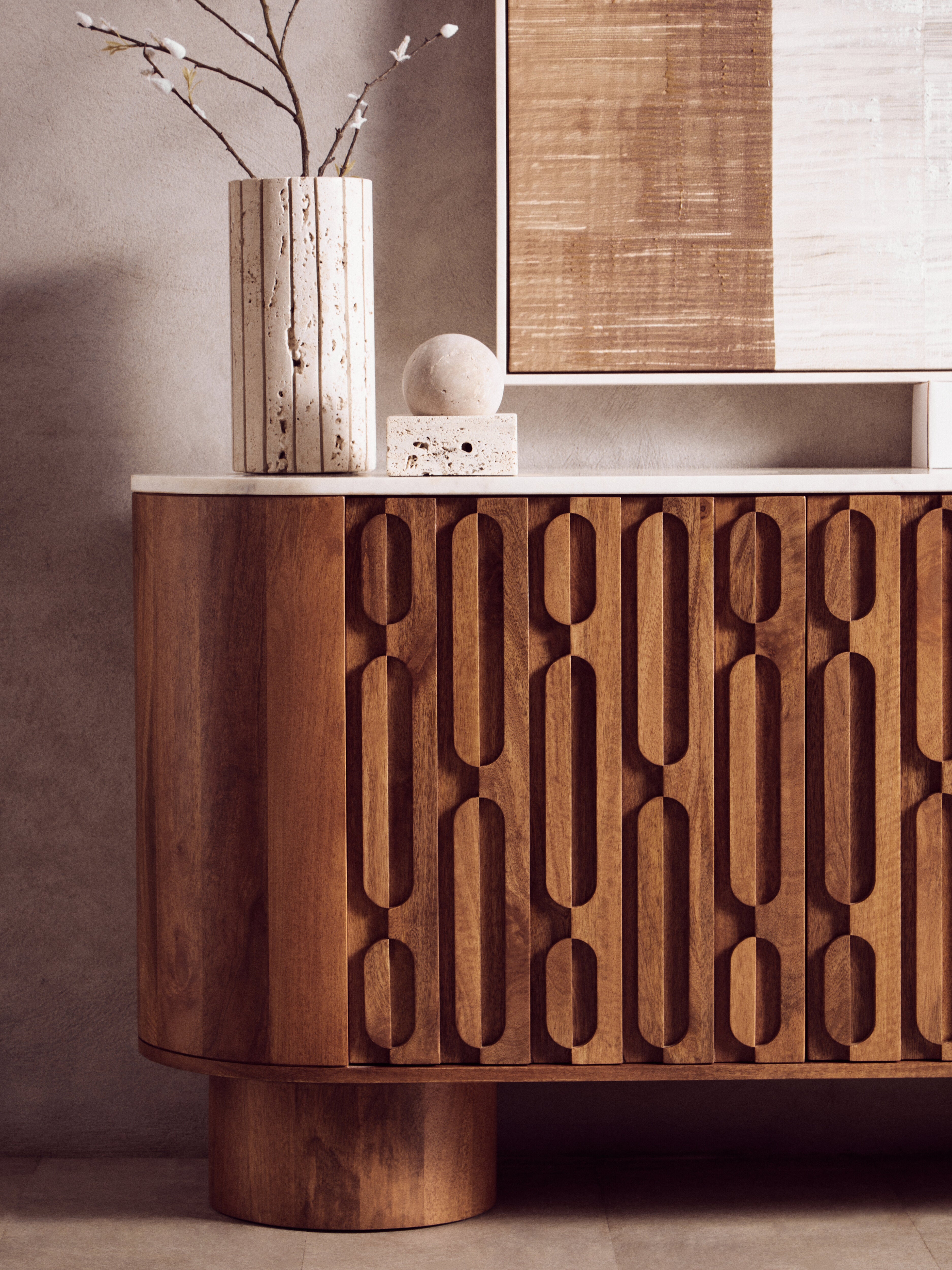 Chiara Carved Brown Mango Wood & White Marble Sideboard | 3 Doors