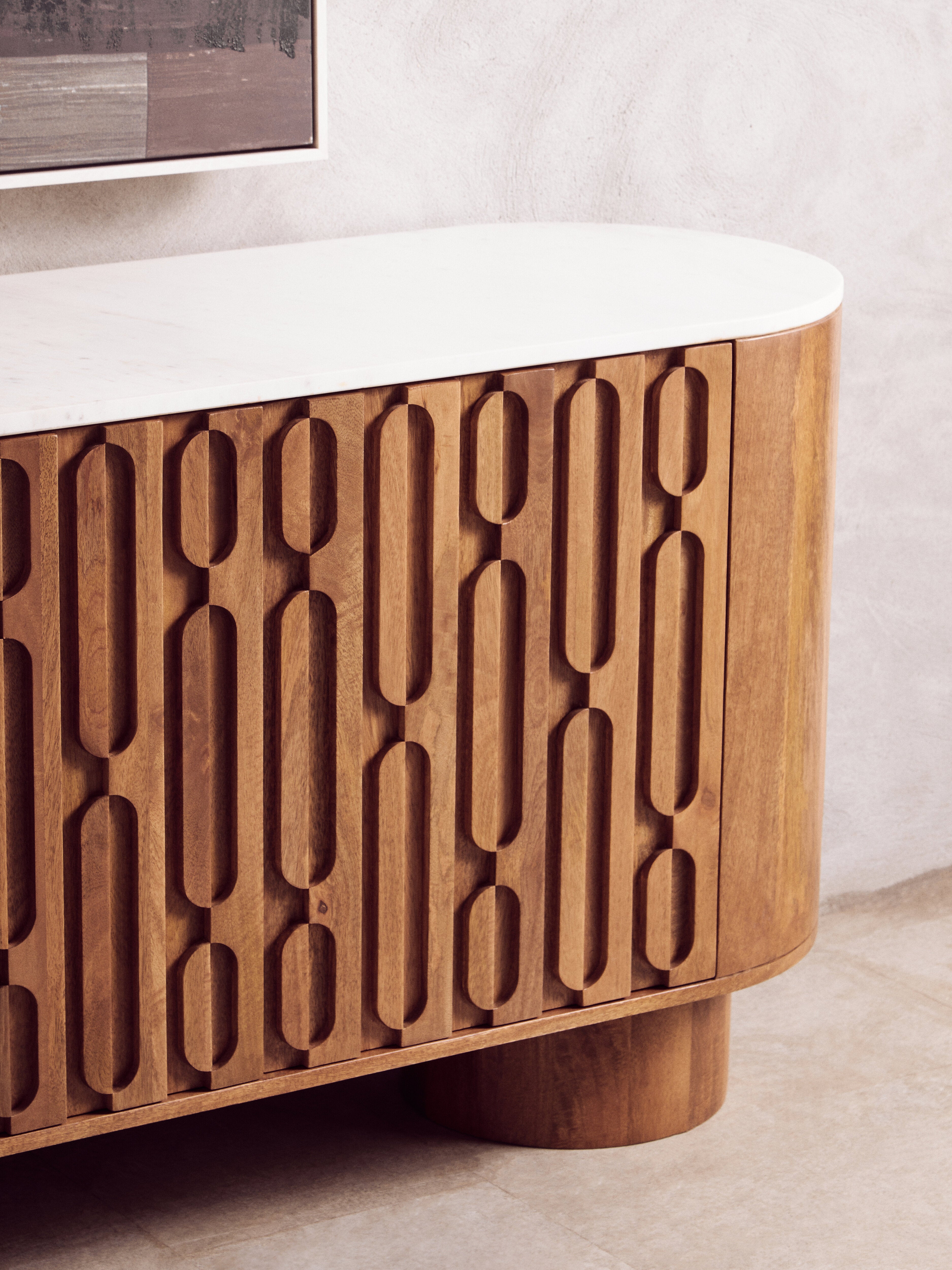 Chiara Carved Brown Mango Wood & White Marble Sideboard | 3 Doors