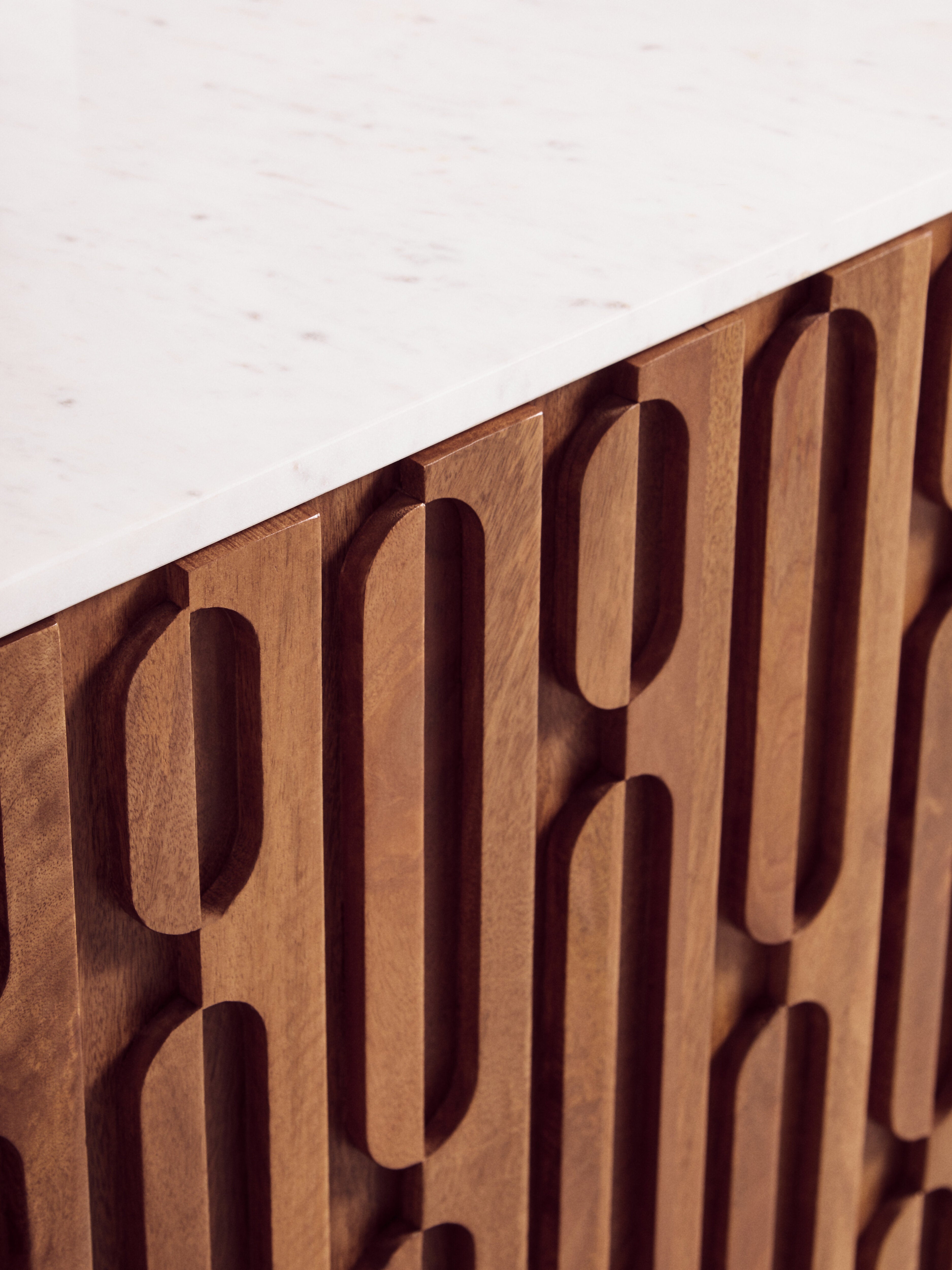 Chiara Carved Brown Mango Wood & White Marble Sideboard | 3 Doors
