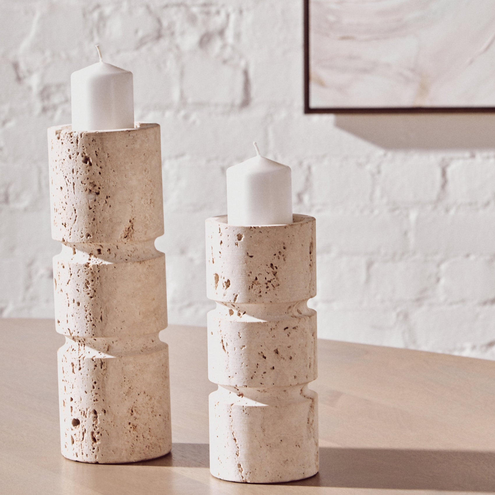 Amo Natural Travertine Stacked Candle Holder | Small