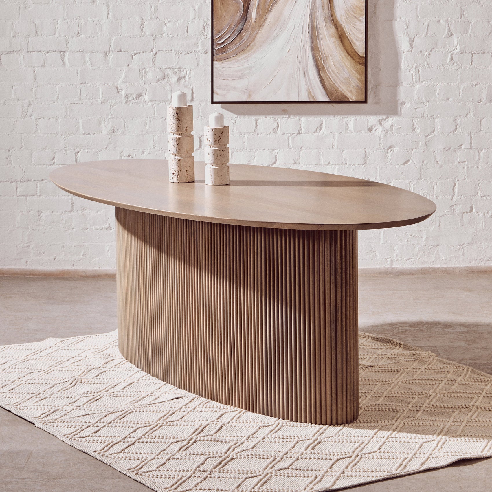 Kelda Grey Mango Wood Ridged Oval Dining Table | 6 Seater
