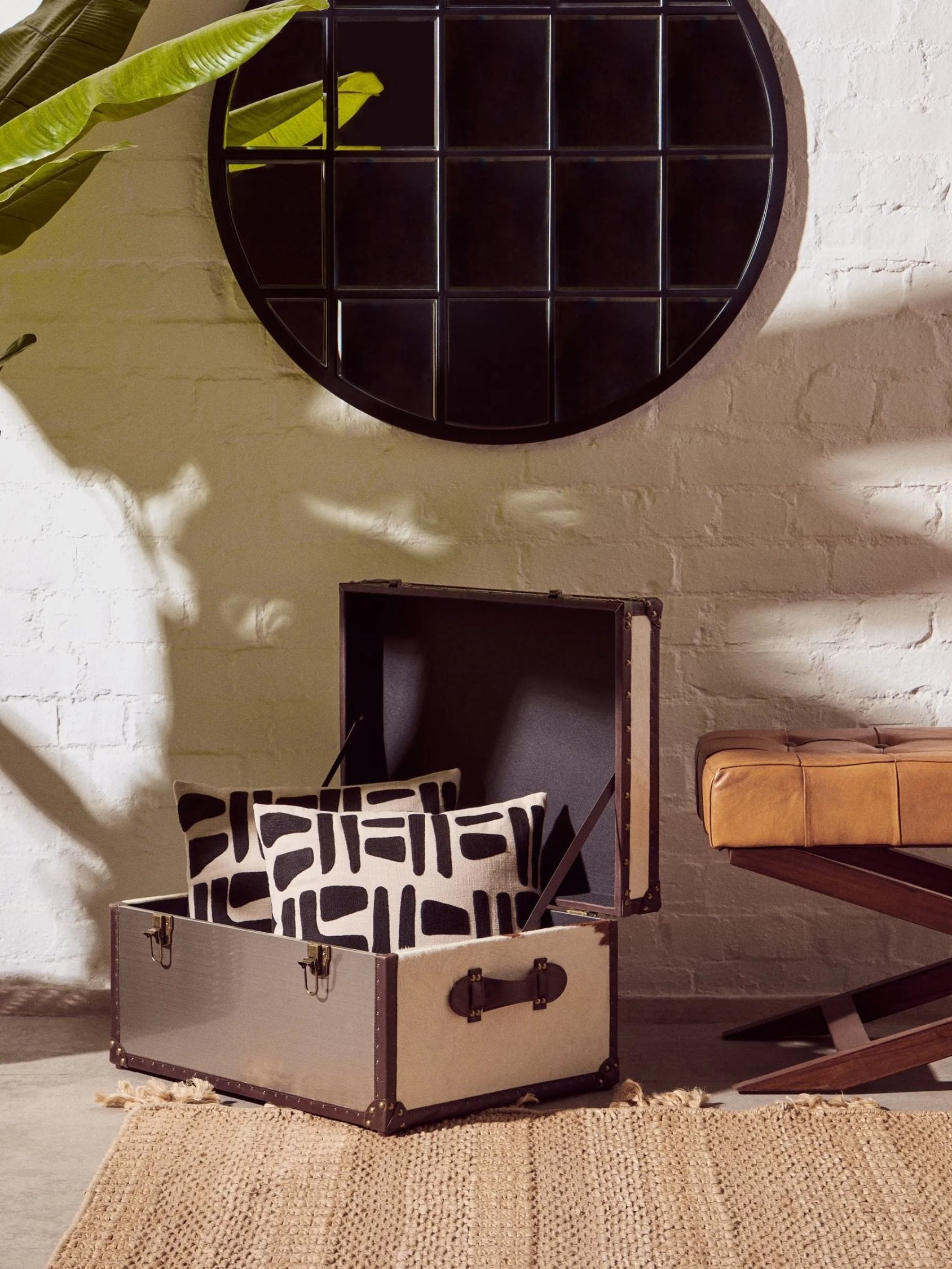 Kalahari Brown Leather & Cedar Wood Bench