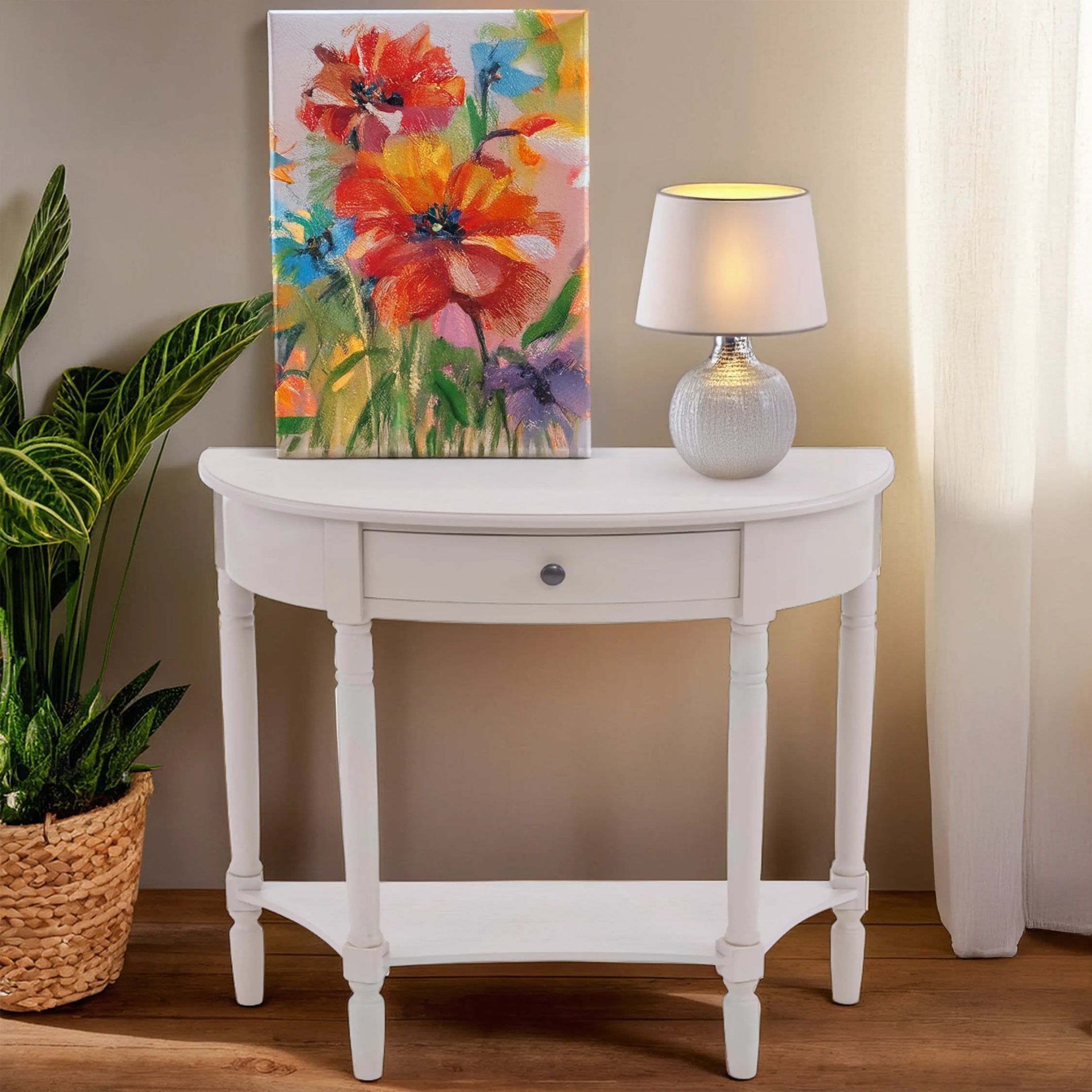 Chelsea Grey Putty Half Moon Wood 1 Drawer Console Table