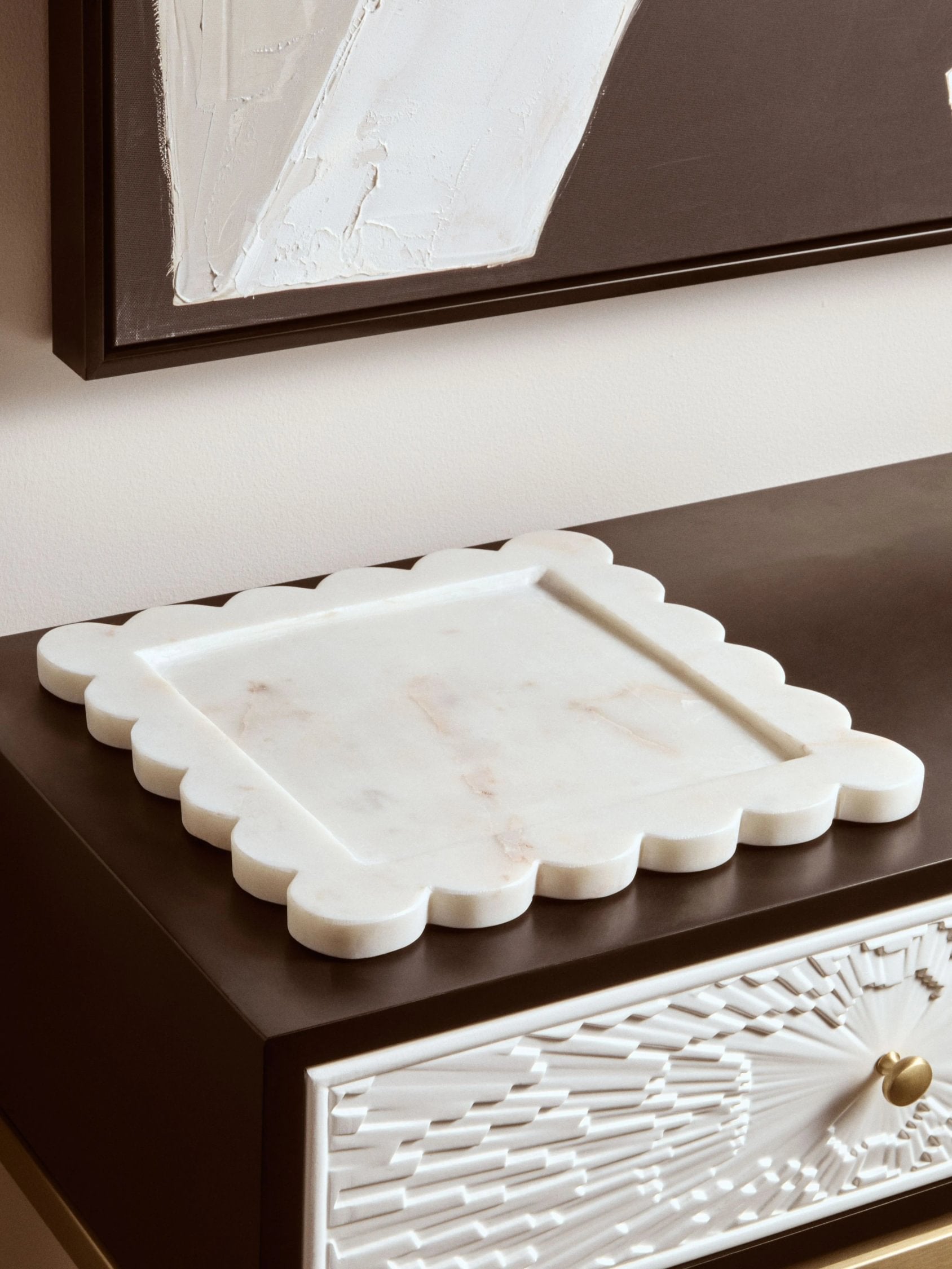 Florence Large White Marble Scalloped Edge Square Tray