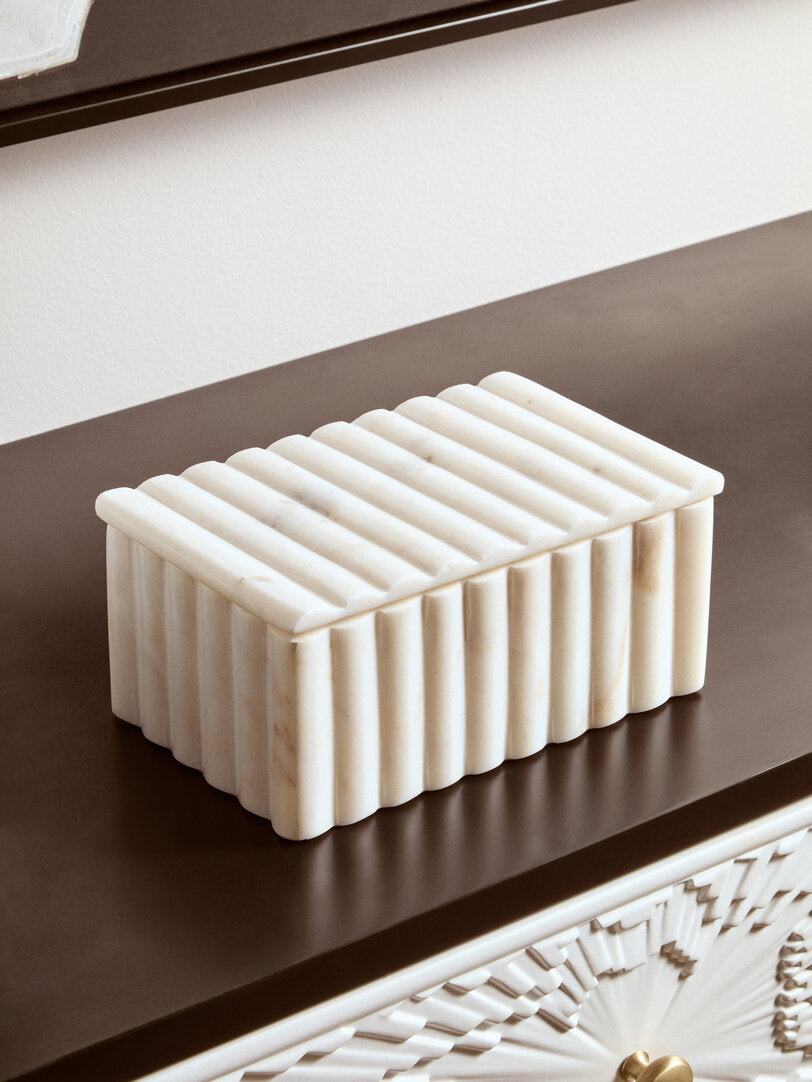 Athena Rectangular White Fluted Marble Box