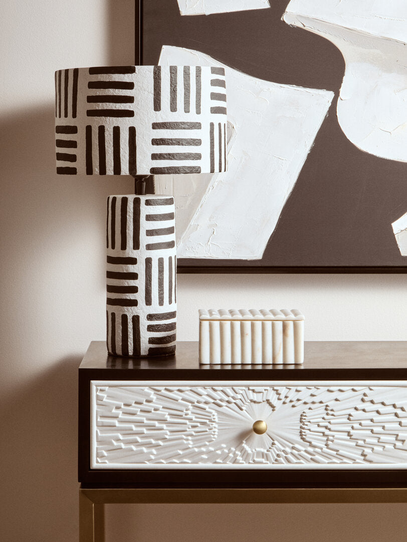 Carta Black & White Papier Mache Table Lamp with Geometric Lines