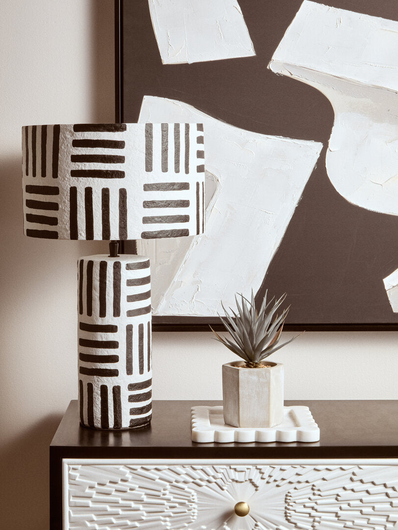 Carta Black & White Papier Mache Table Lamp with Geometric Lines