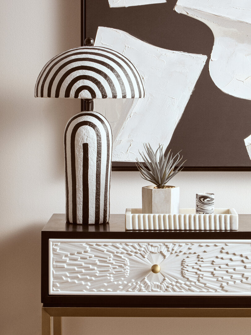 Carta Black & White Stripe Papier Mache Table Lamp with Dome Shade