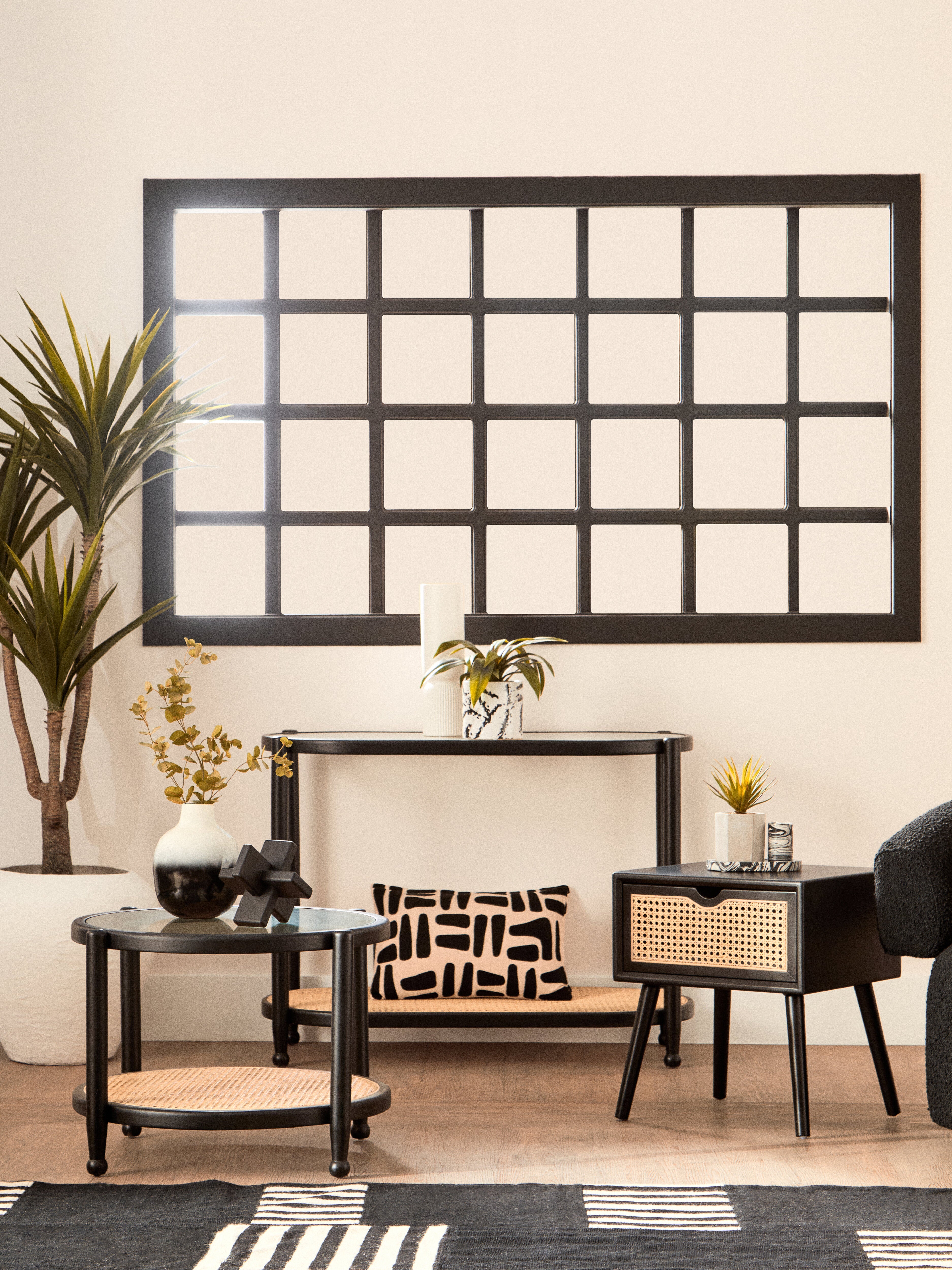 Esster Black Wood Rattan & Glass Console Table