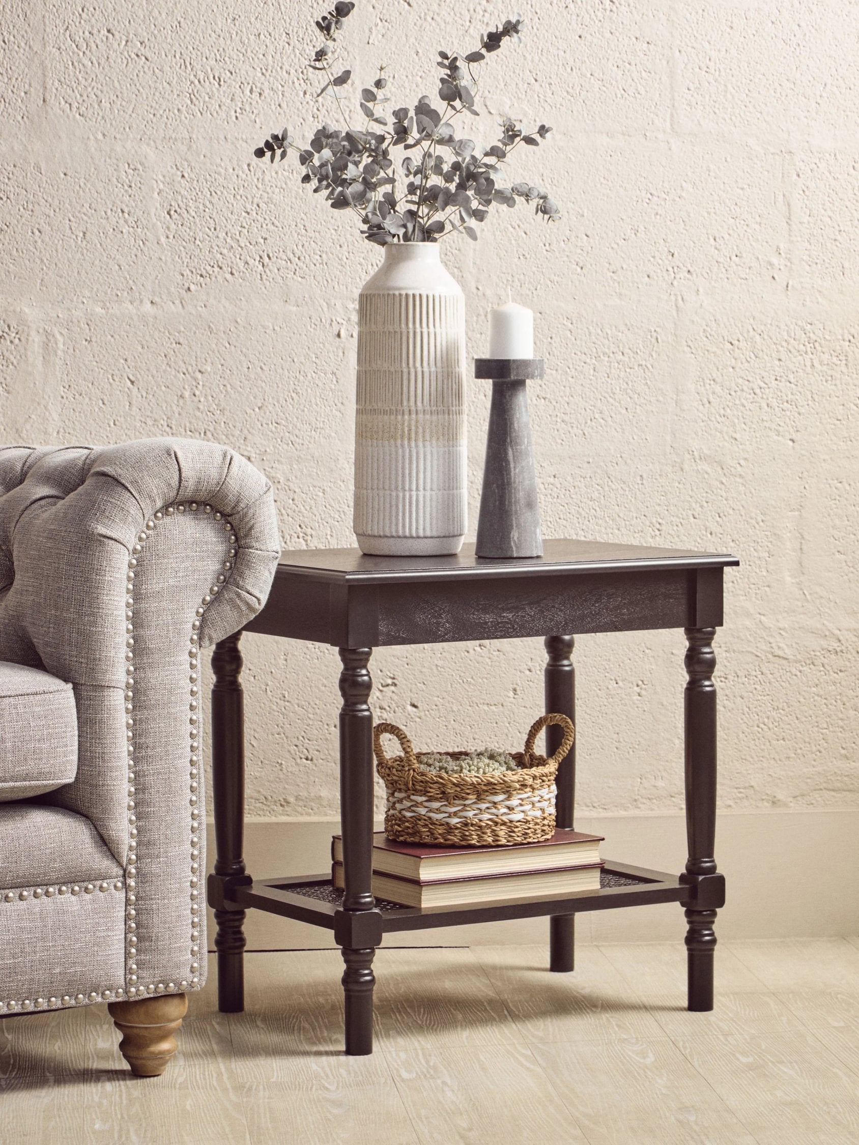 Chelsea Black Wood Side Table with Lower Shelf