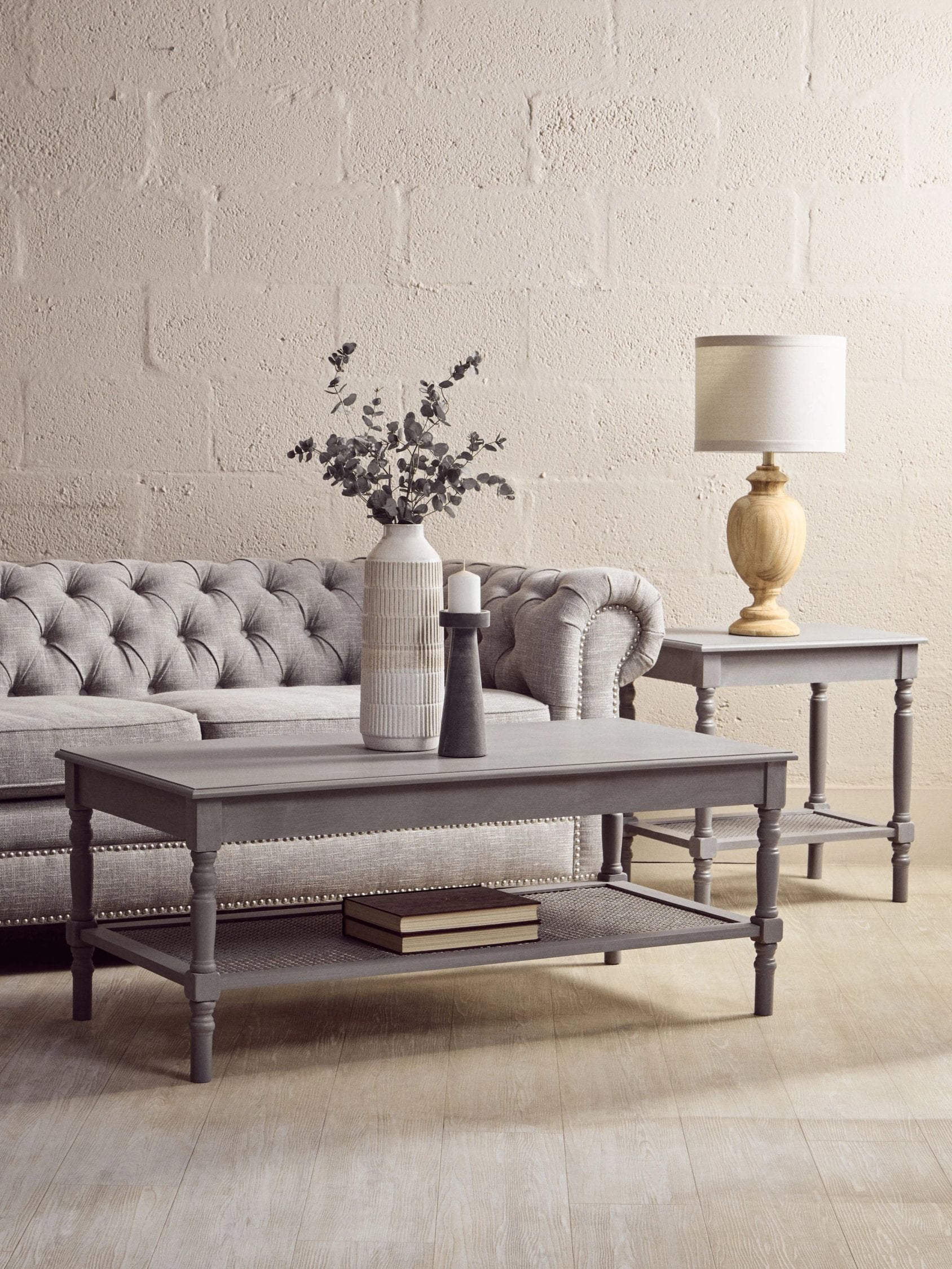 Chelsea Grey Wash Wood & Rattan Shelf Coffee Table