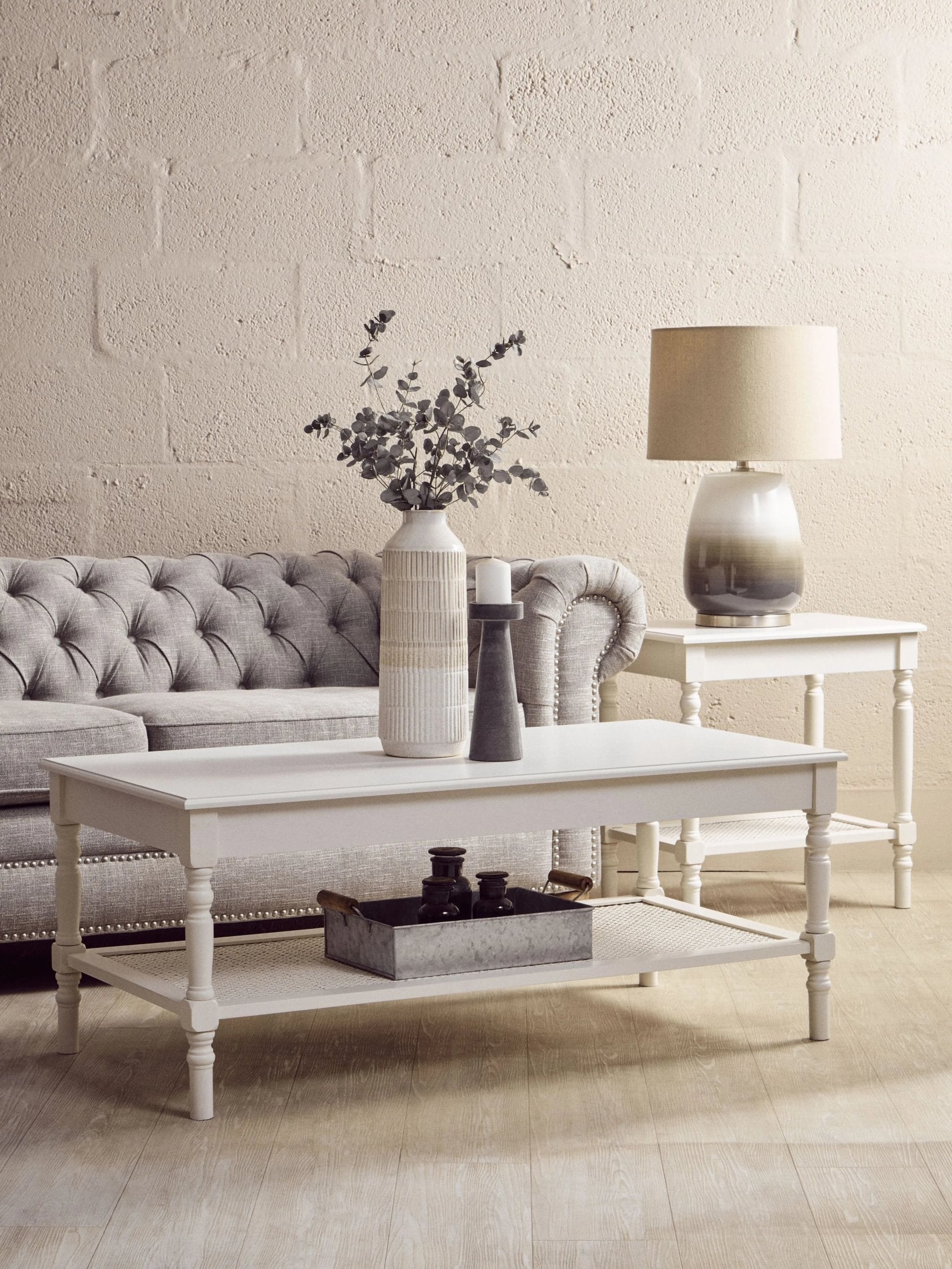 Chelsea White Wood & Rattan Shelf Coffee Table