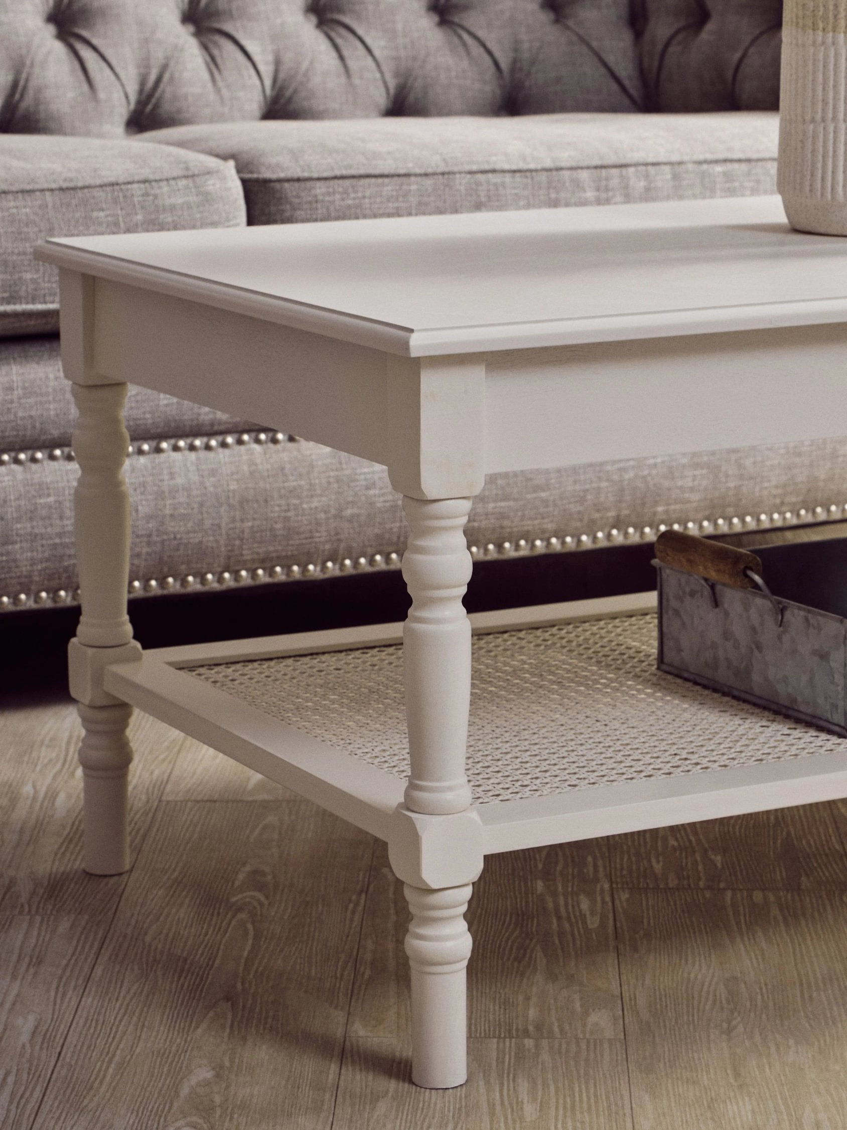 Chelsea White Wood & Rattan Shelf Coffee Table