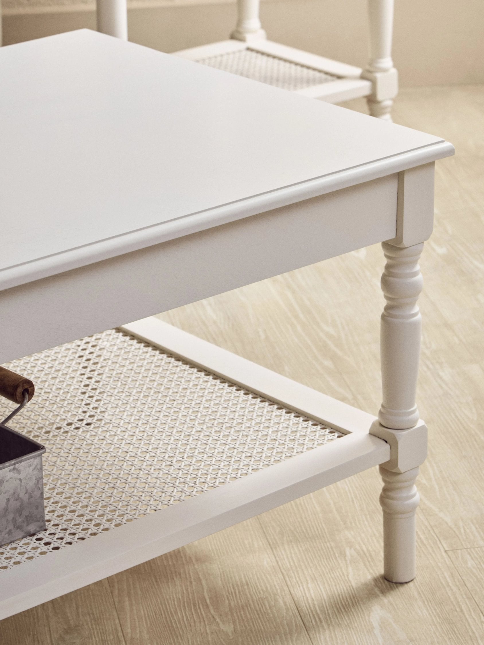 Chelsea White Wood & Rattan Shelf Coffee Table