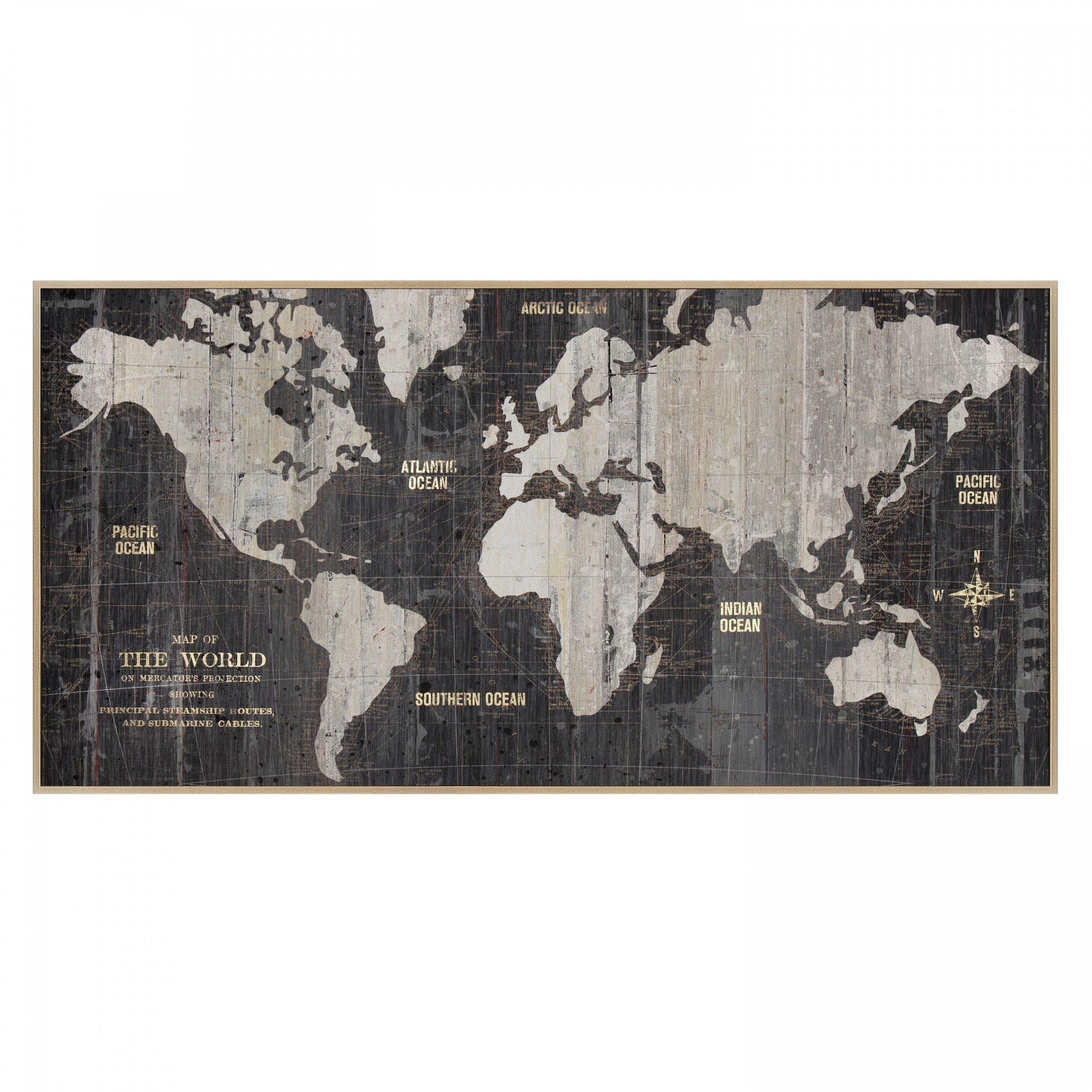 Oakwharf World Traveller Map Black & Gold Framed Canvas Wall Art