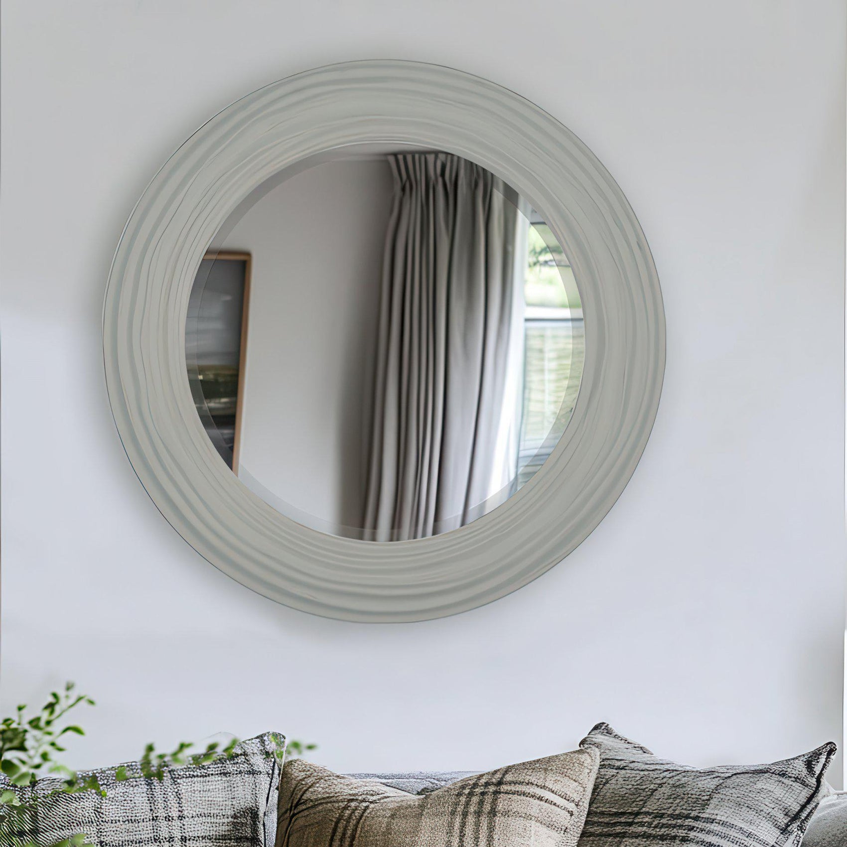 Boho Light Grey Round Wall Mirror