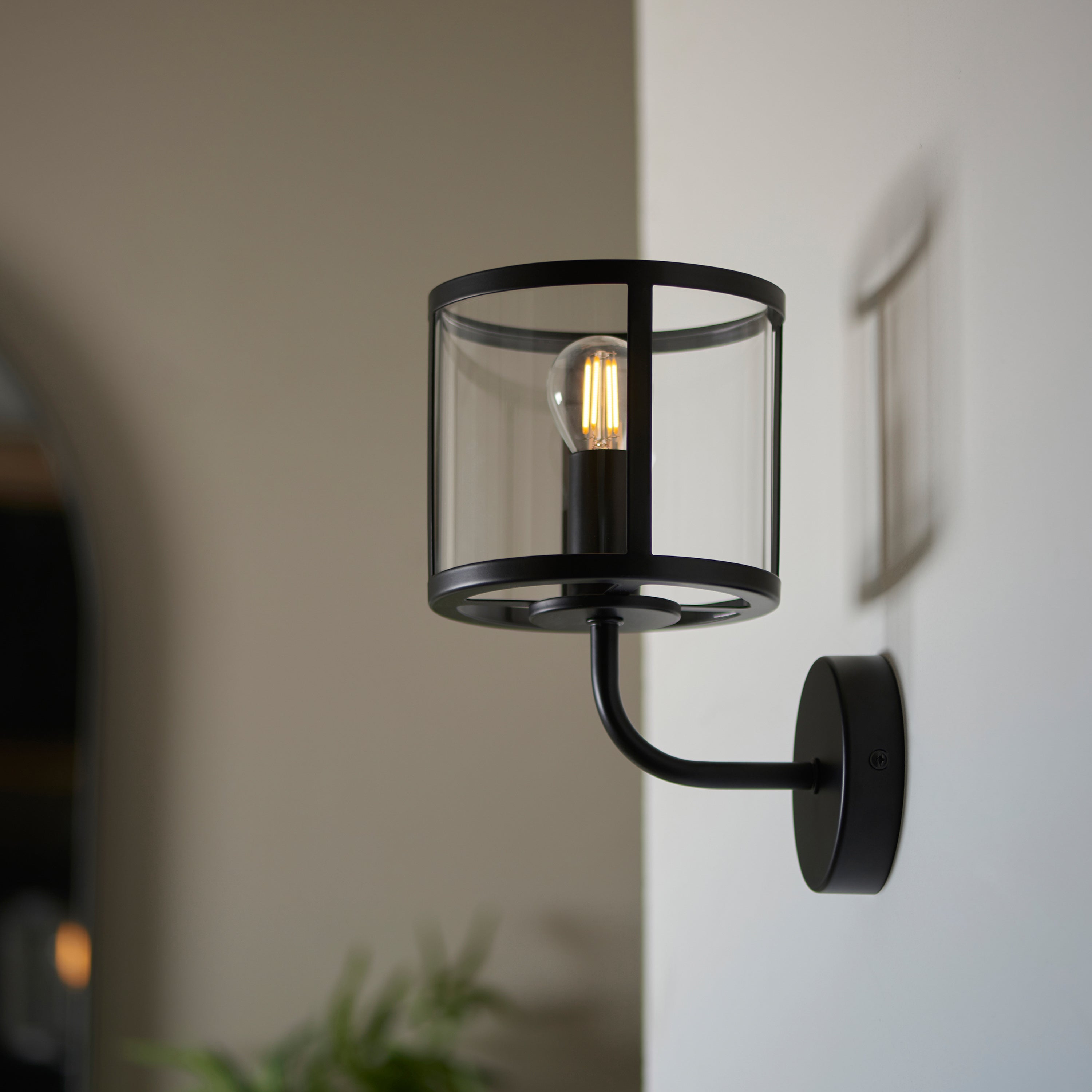 Abern Matt Black & Clear Glass Wall Light