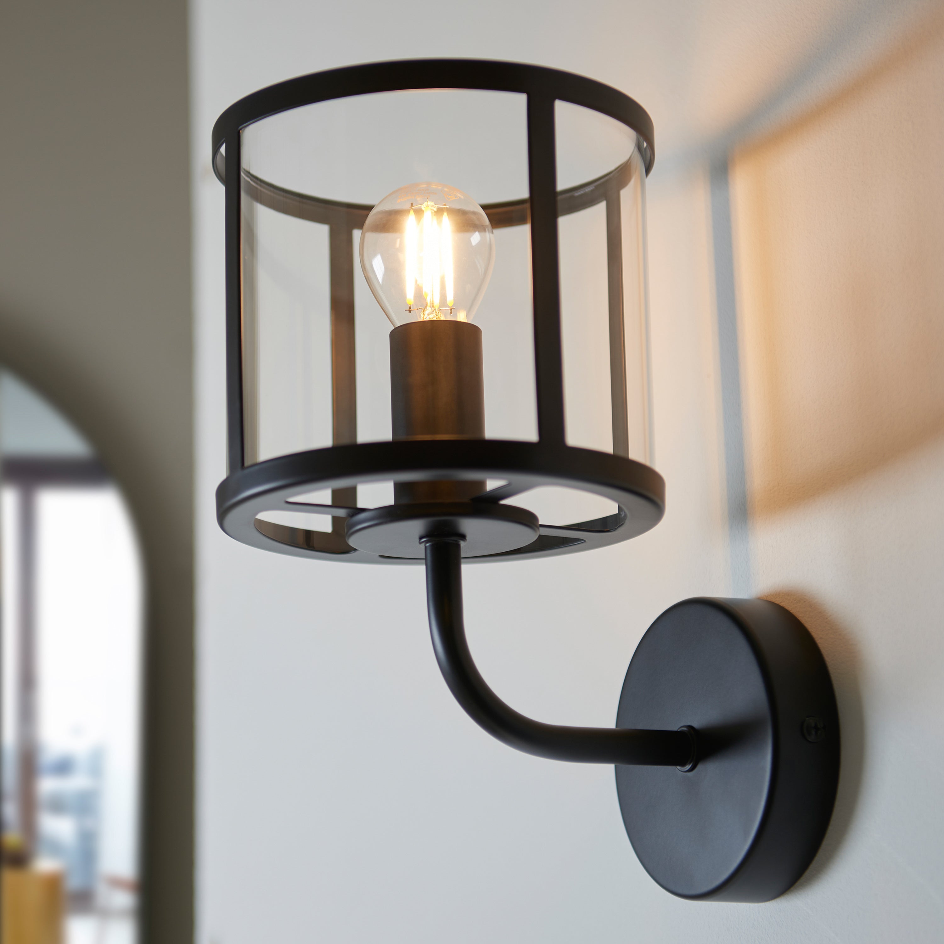 Abern Matt Black & Clear Glass Wall Light