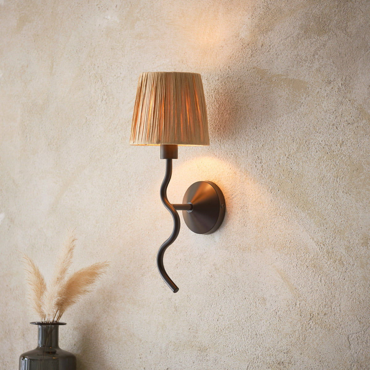 Sena Matt Black & Natural Raffia Wall Light