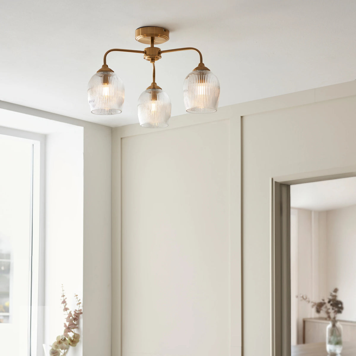 Gramercy Ribbed Brushed Aged Brass 3 Light Ceiling Light