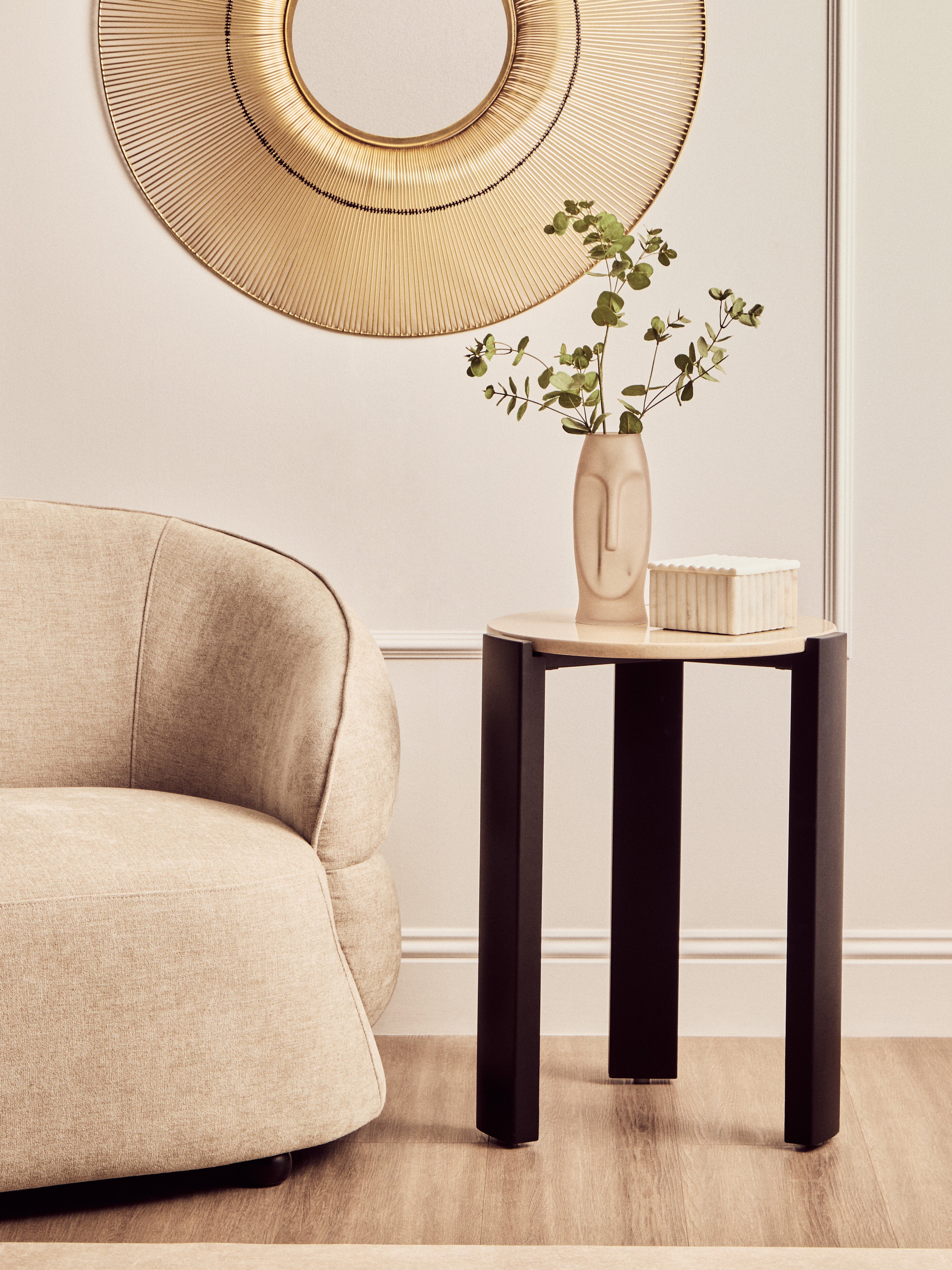 Solanto Black Acacia Wood & Travertine Round Side Table