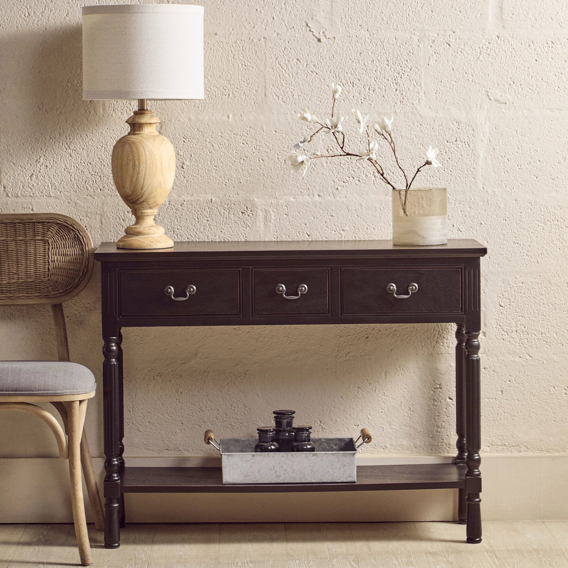 Chelsea Vintage Black Wood 3 Drawer Console Table
