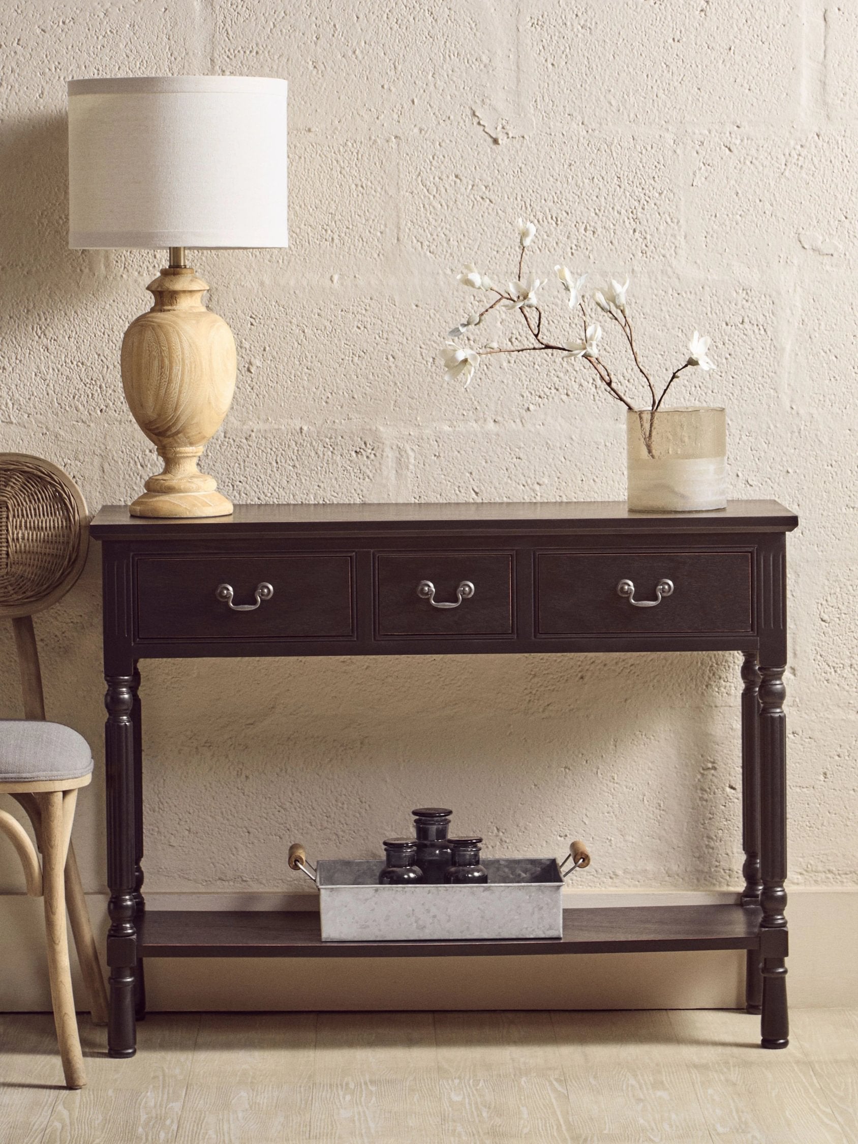 Chelsea Vintage Black Wood 3 Drawer Console Table