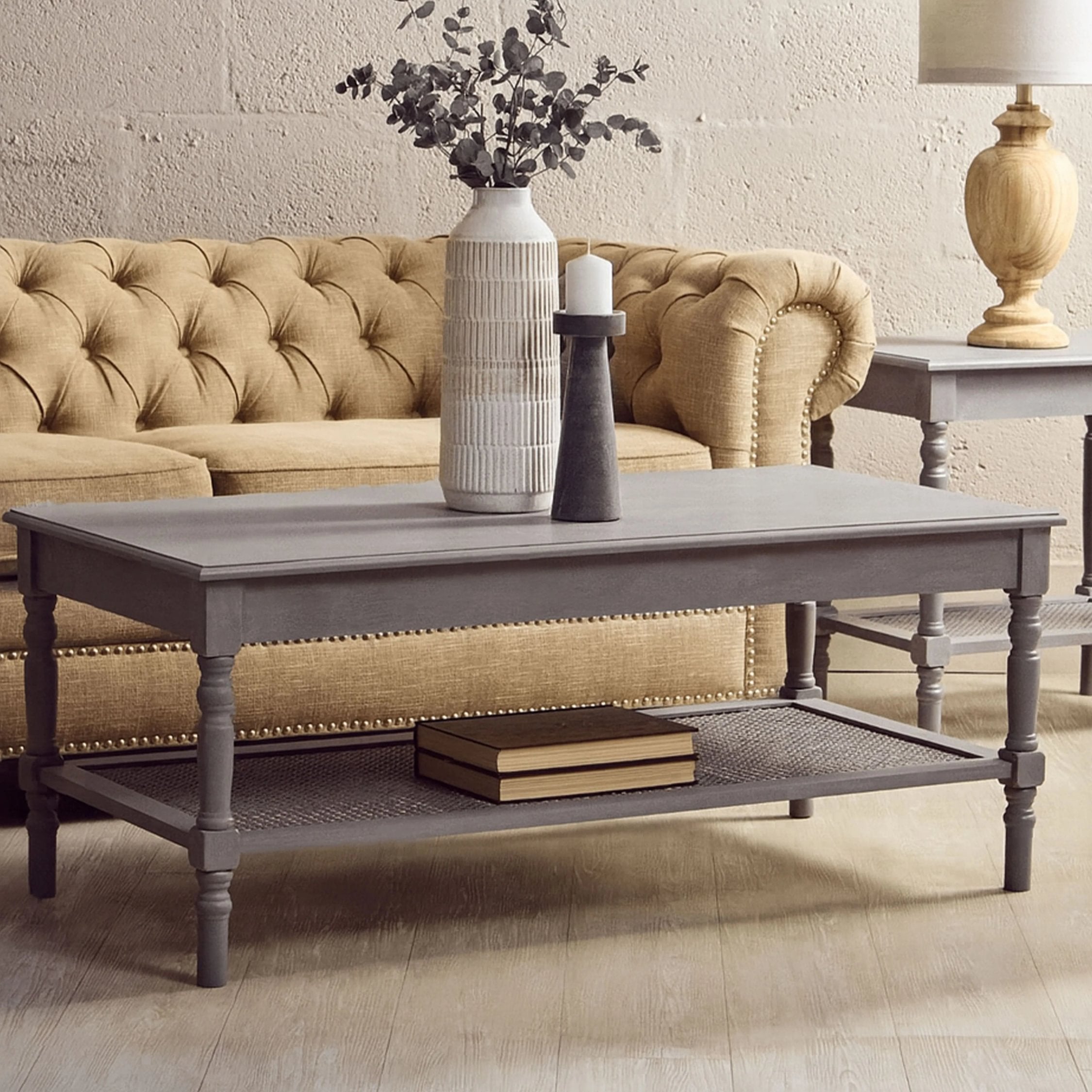Chelsea Grey Wash Wood & Rattan Shelf Coffee Table