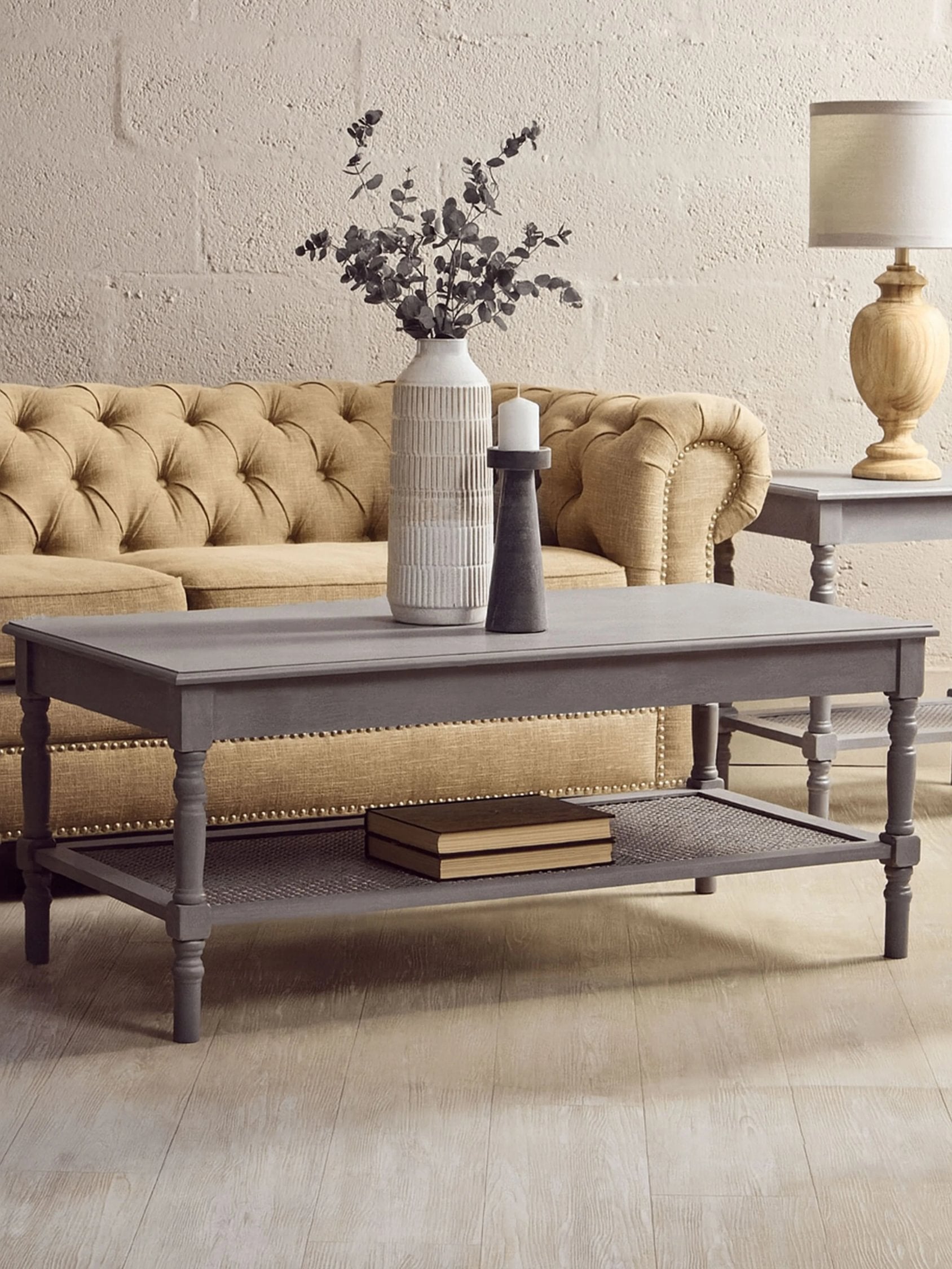 Chelsea Grey Wash Wood & Rattan Shelf Coffee Table