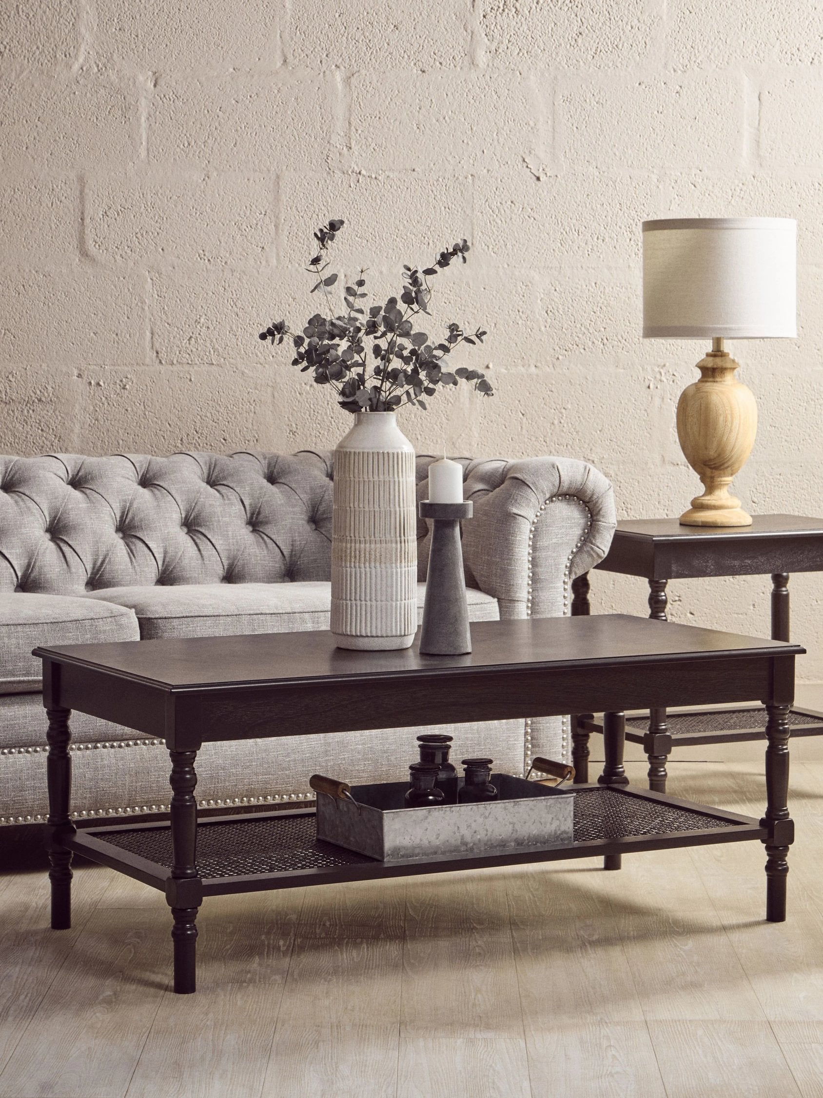 Chelsea Black Wood & Rattan Shelf Coffee Table