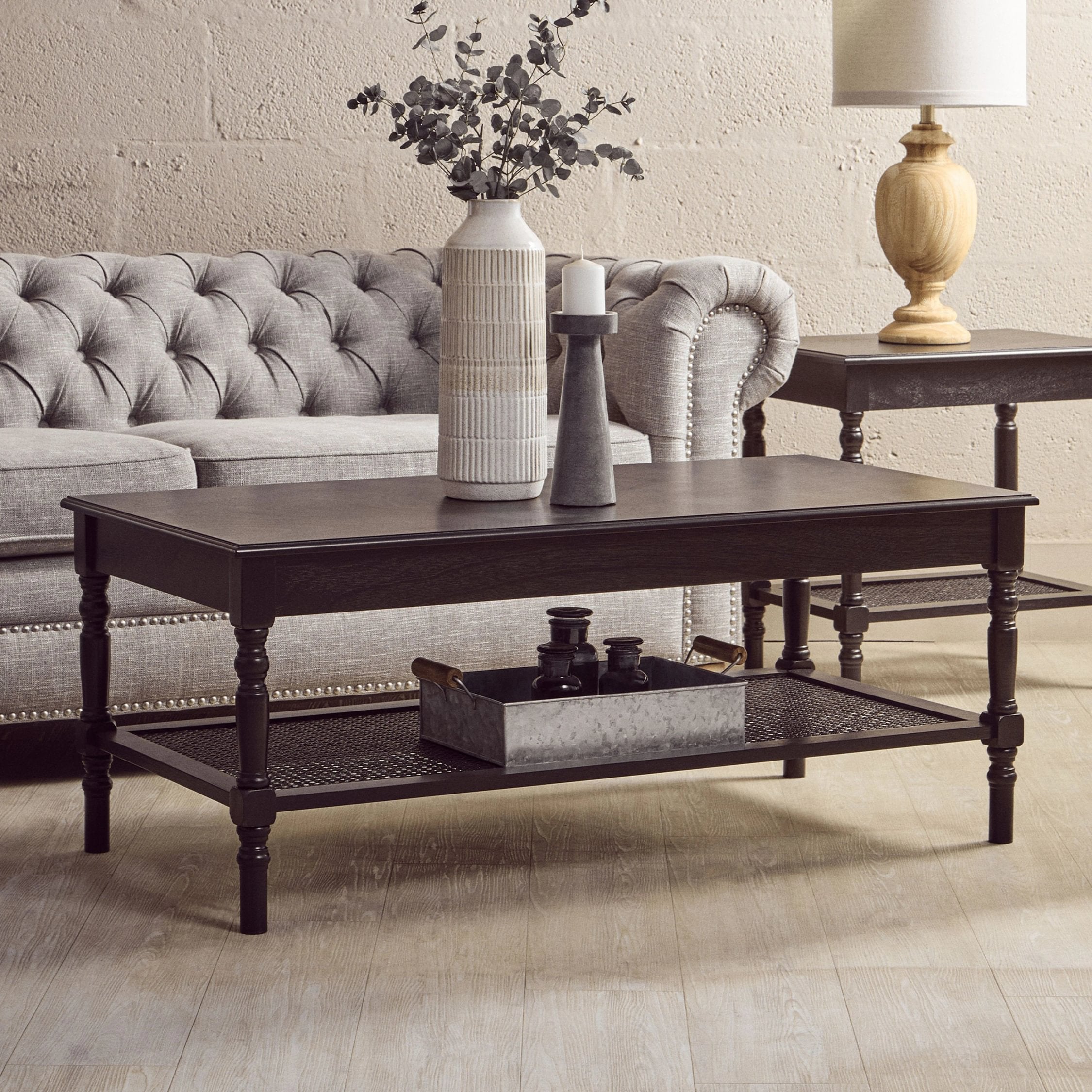 Chelsea Black Wood & Rattan Shelf Coffee Table