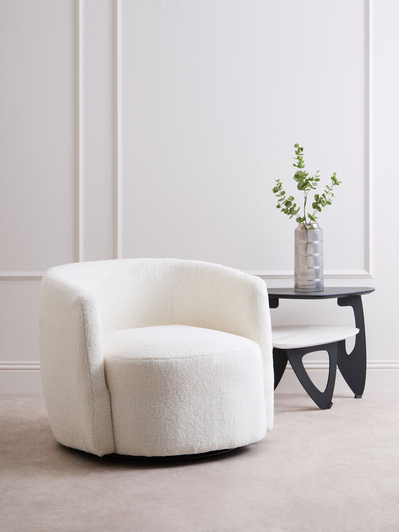 Newham Ivory Boucle Effect Curved Lounge Chair With Swivel Base