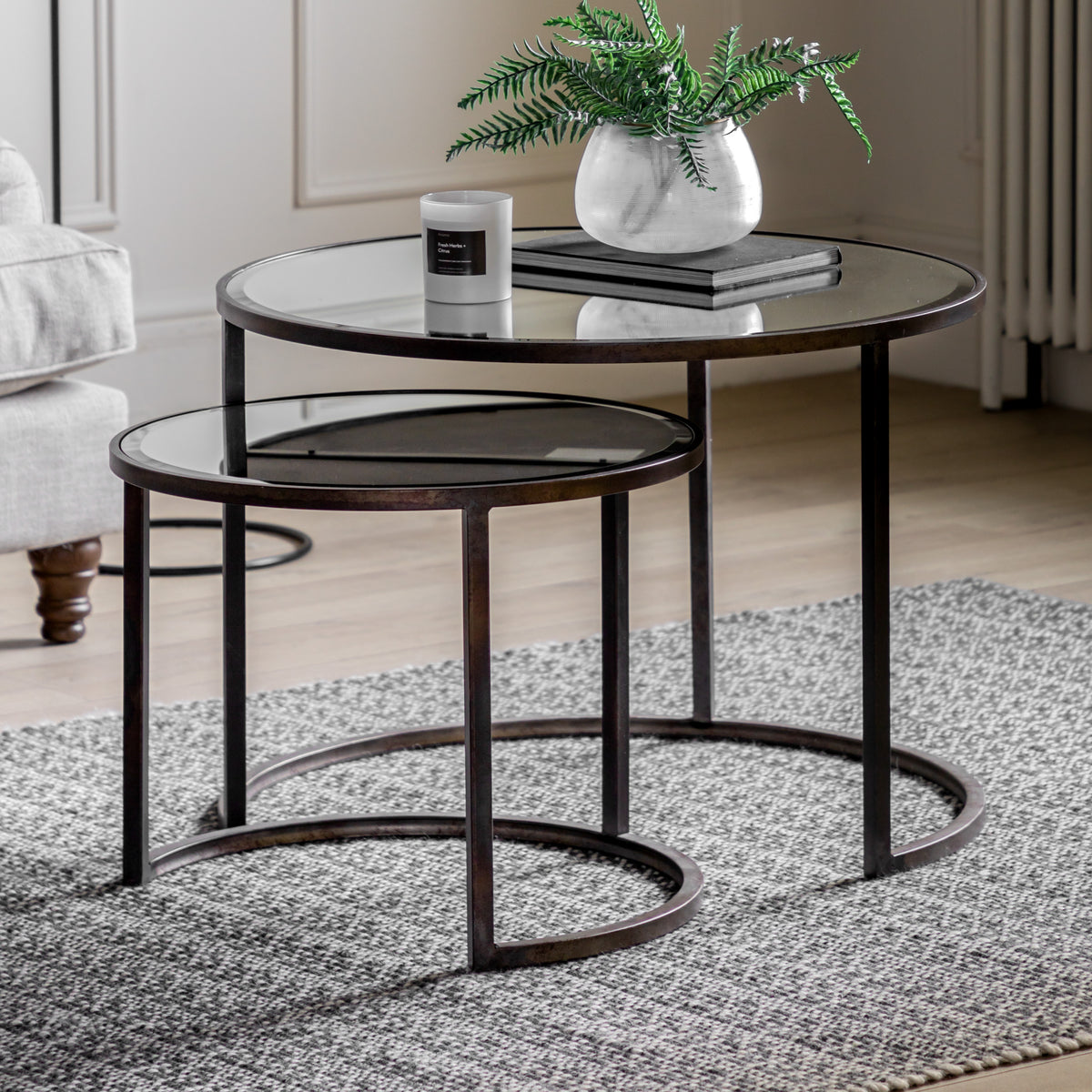 Set of 2 London Rustic Metal & Glass Coffee Table Nest