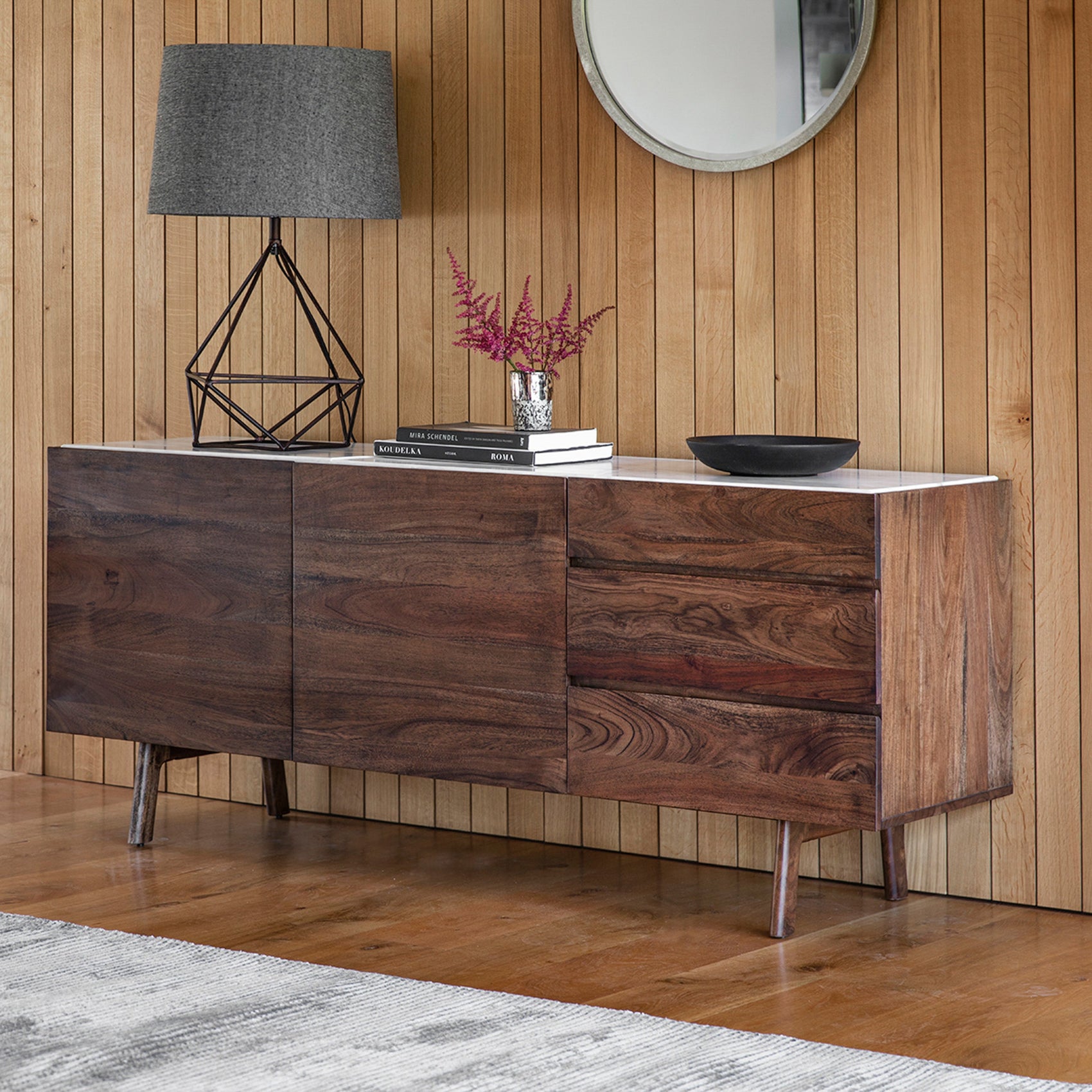 Bellhollow Brown Acacia Wood & White Marble Sideboard