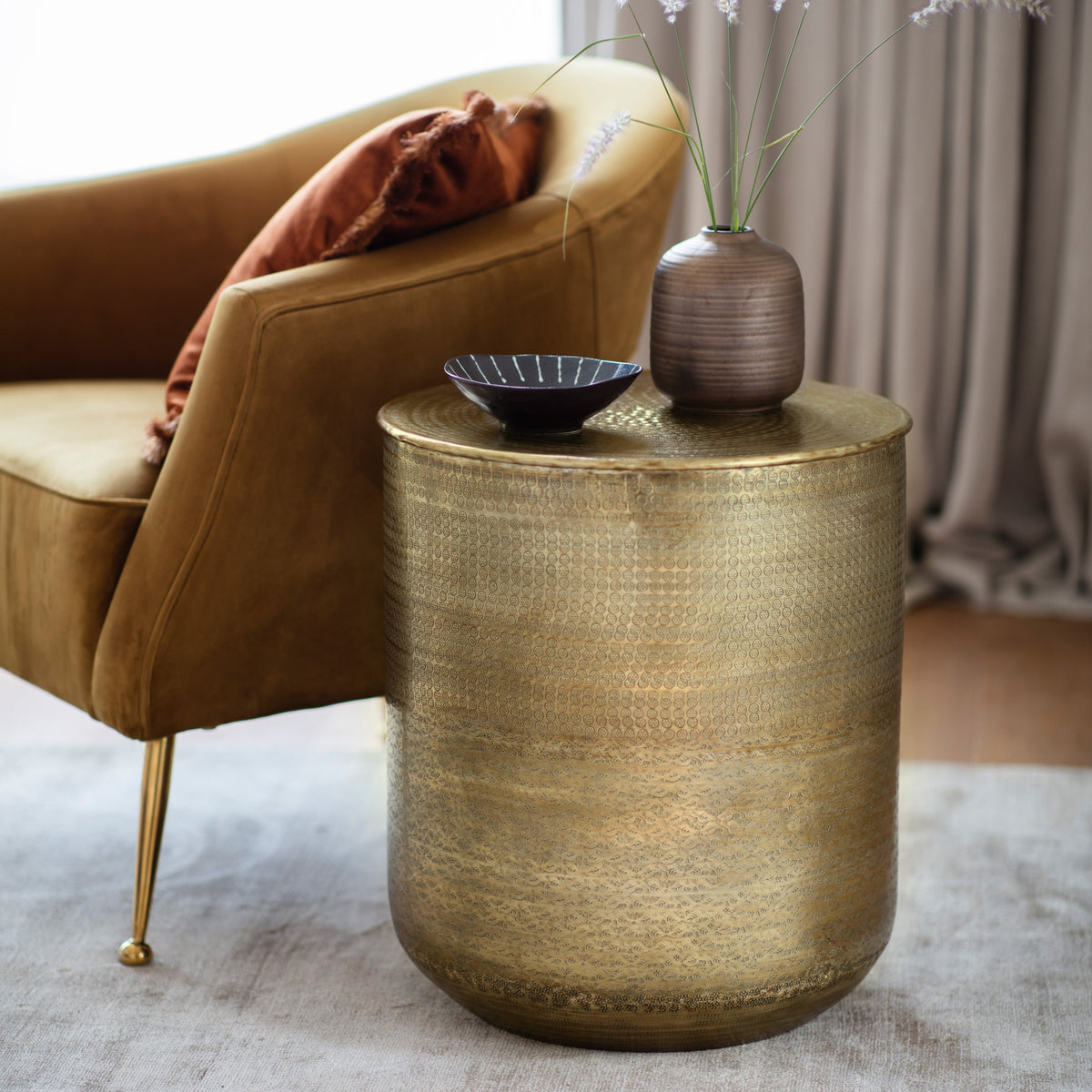 Ayesha Hammered Gold Drum Round Side Table