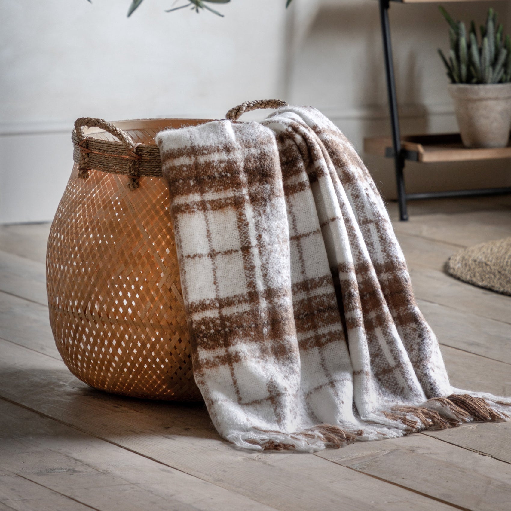 Aldercourt Check Faux Mohair Cream & Tan Brown Throw