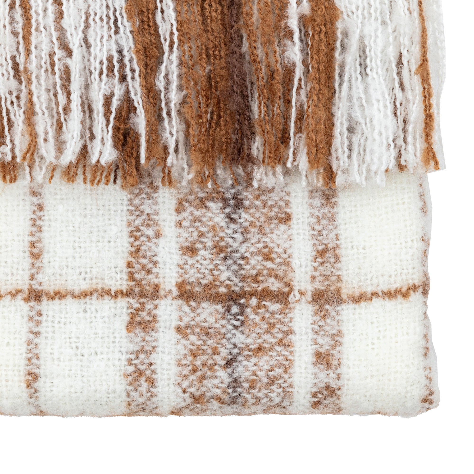Check Faux Mohair Cream & Tan Brown Throw