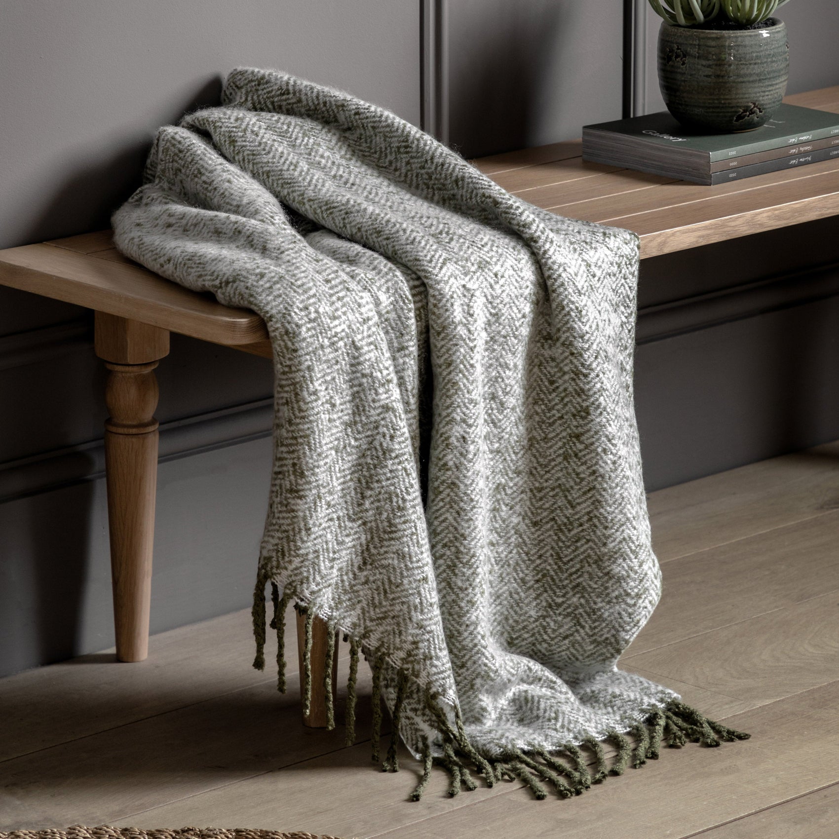 Alderview Herringbone Faux Mohair Olive Green Throw