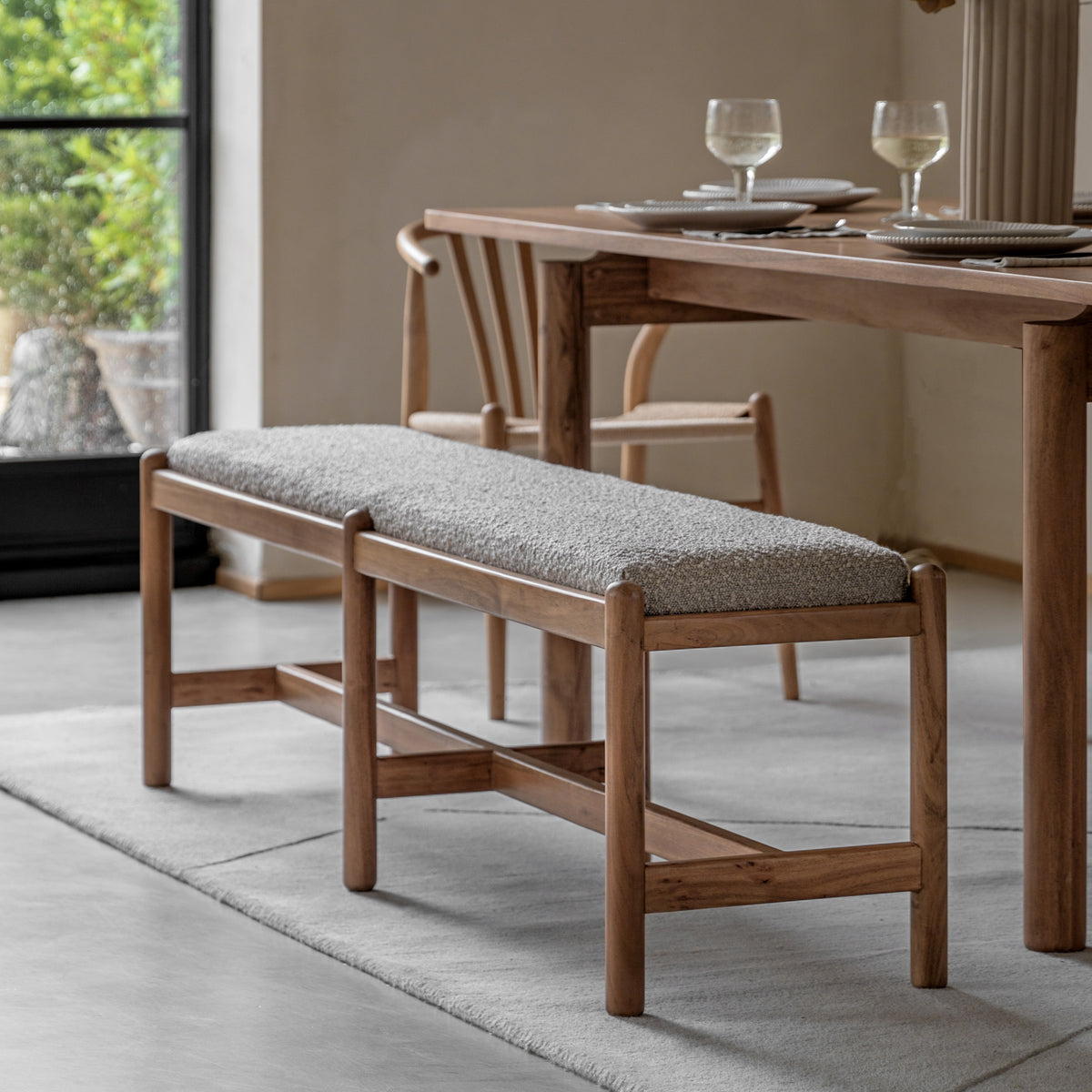 Wilmotte Acacia Wood & White Bouclé Dining Bench