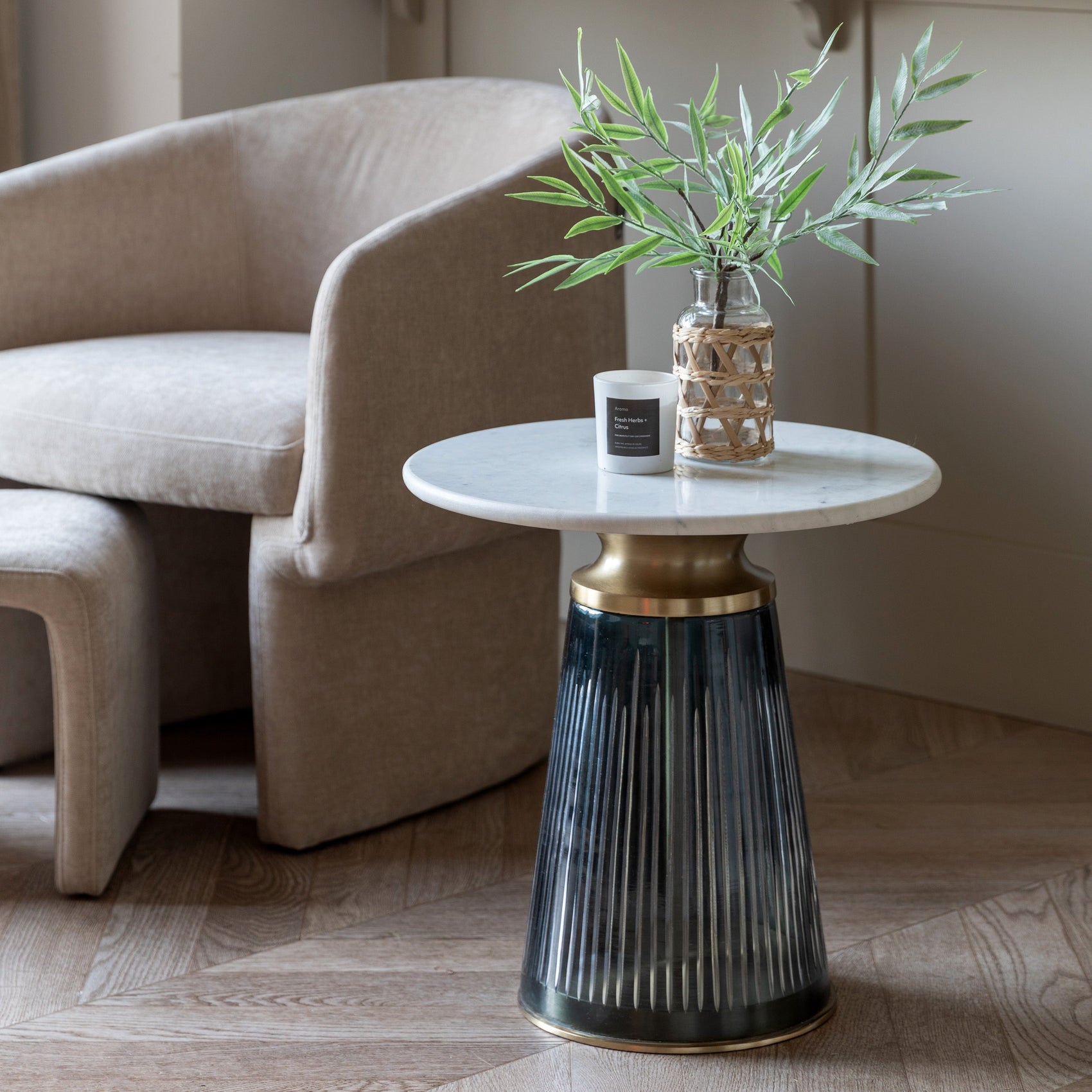 Pierre White Marble & Blue Glass Round Side Table
