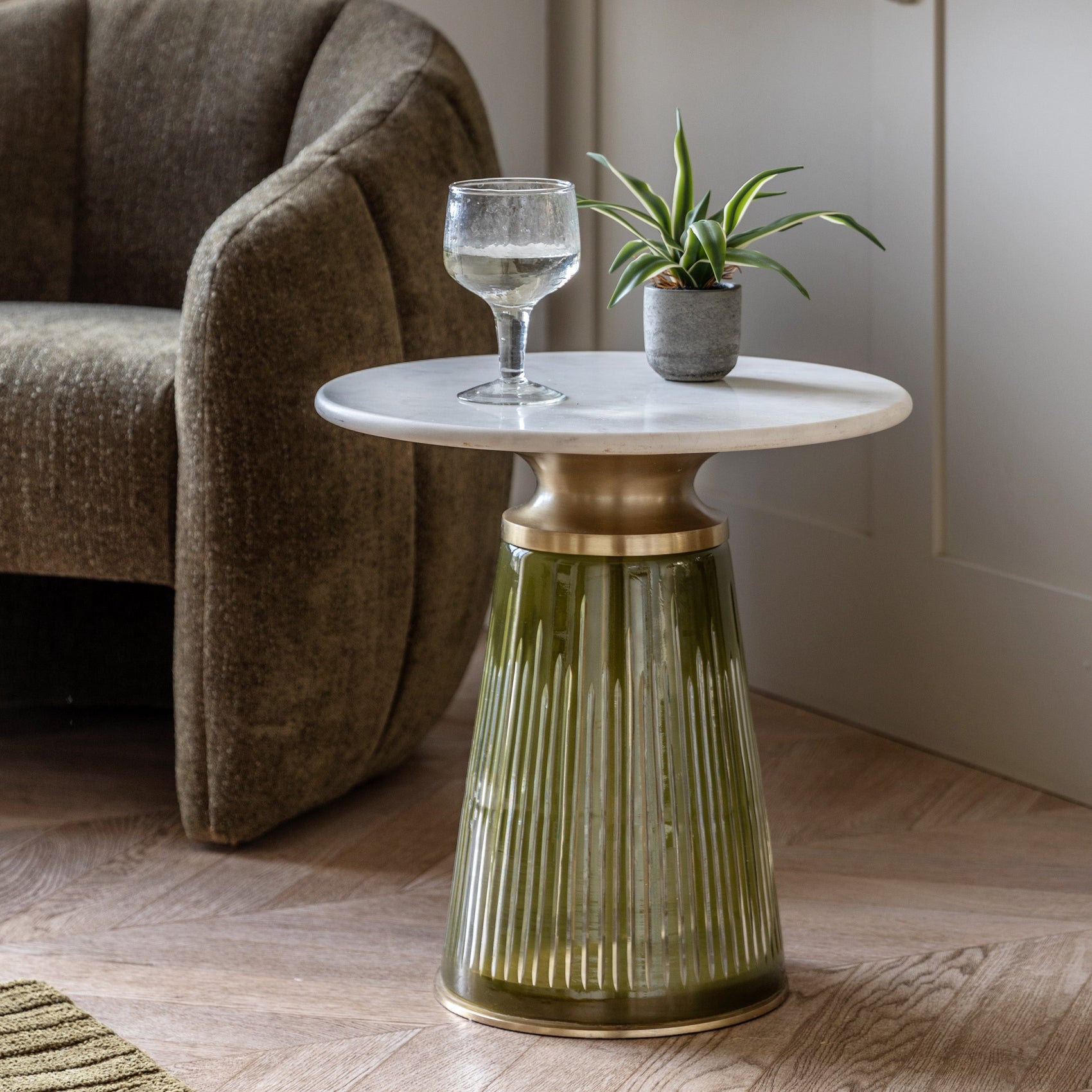 Pierre White Marble & Dusk Green Glass Round Side Table