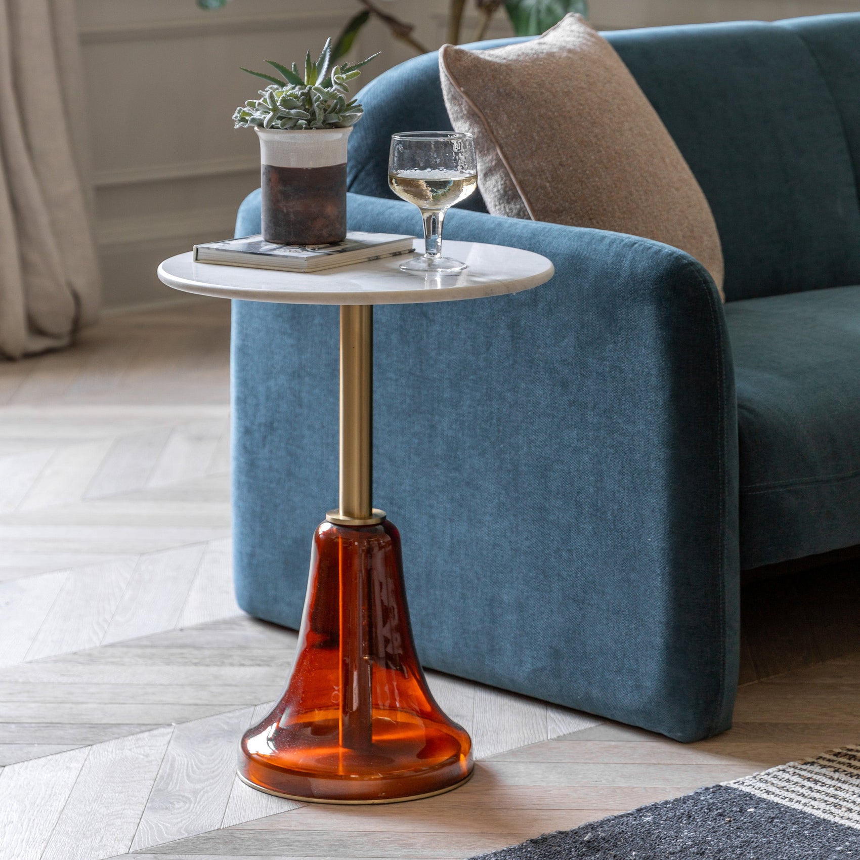 Jacques Orange Glass & White Marble Round Side Table