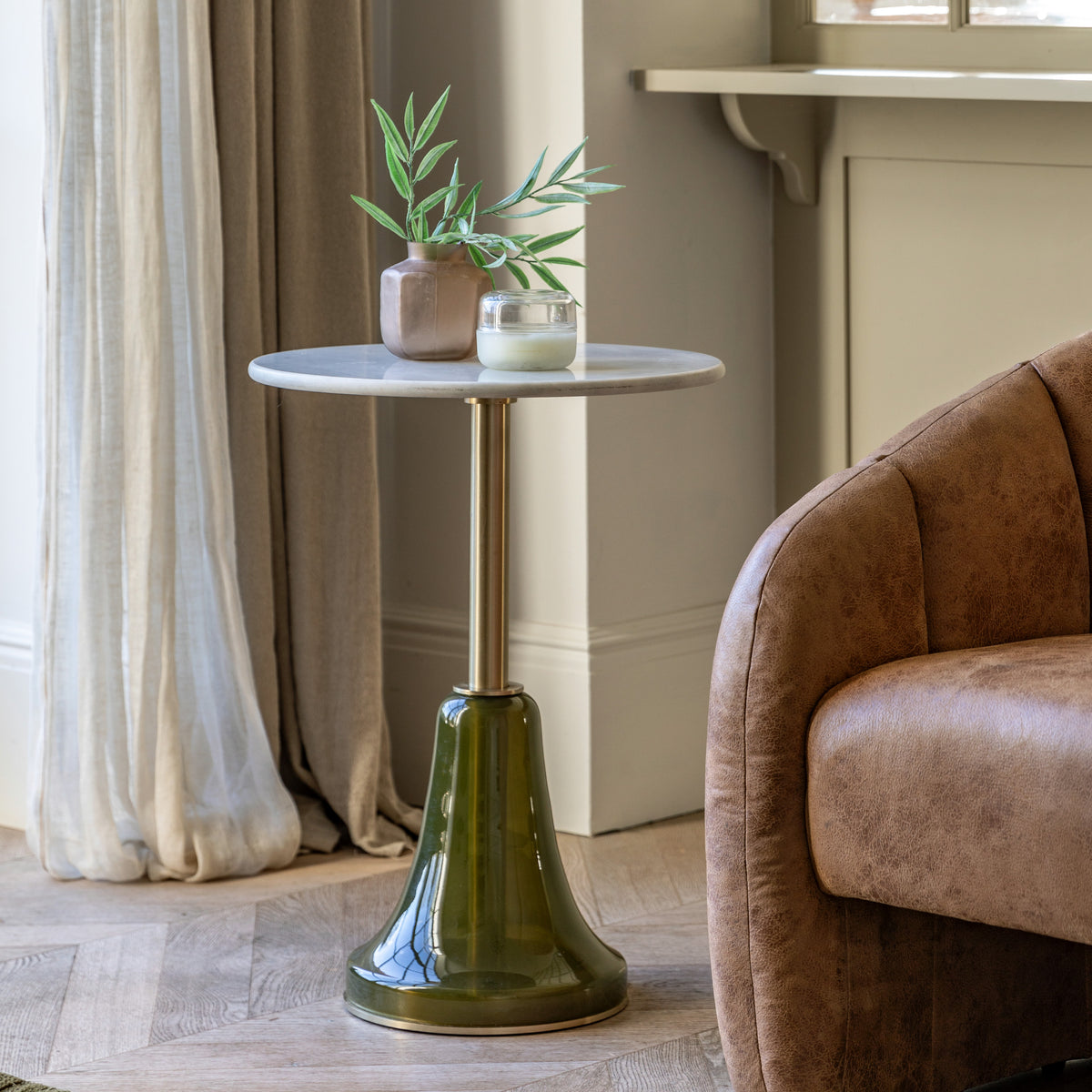 Jacques Dusk Green Glass & White Marble Round Side Table