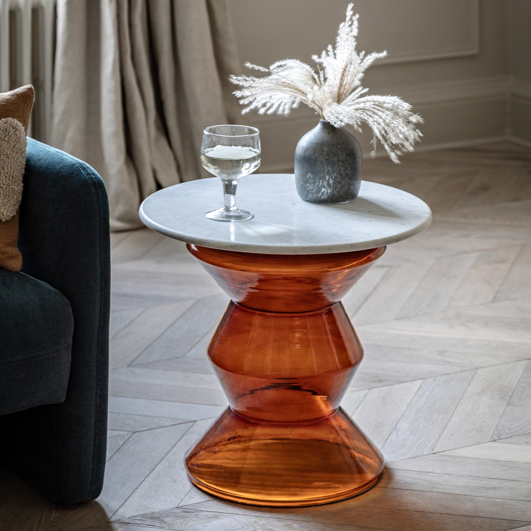 Susa Orange Glass & White Marble Side Table