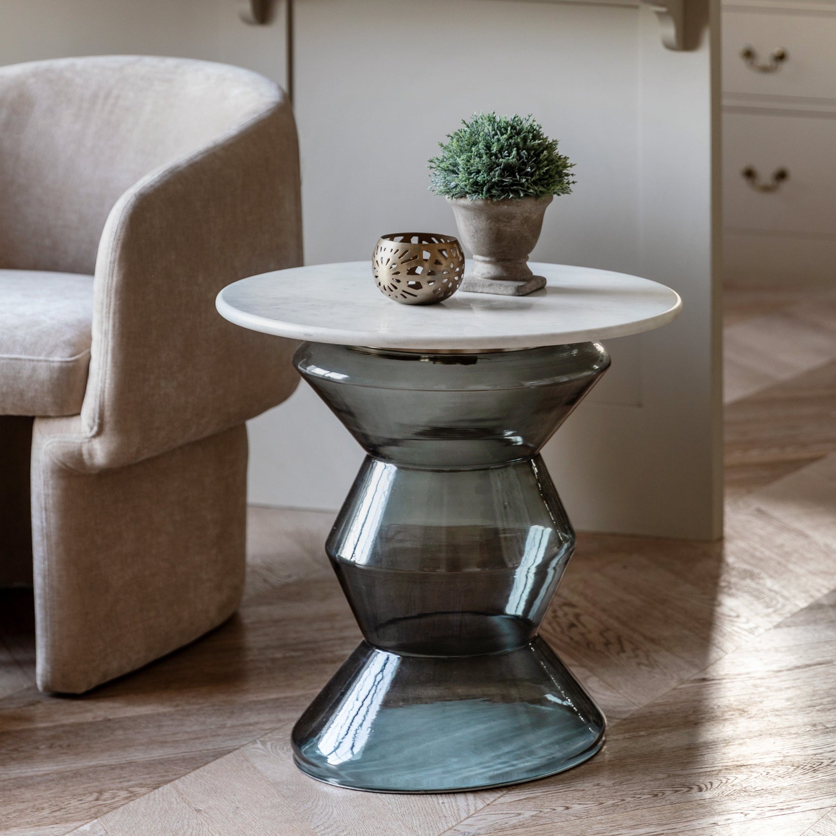 Susa Blue Glass & White Marble Side Table