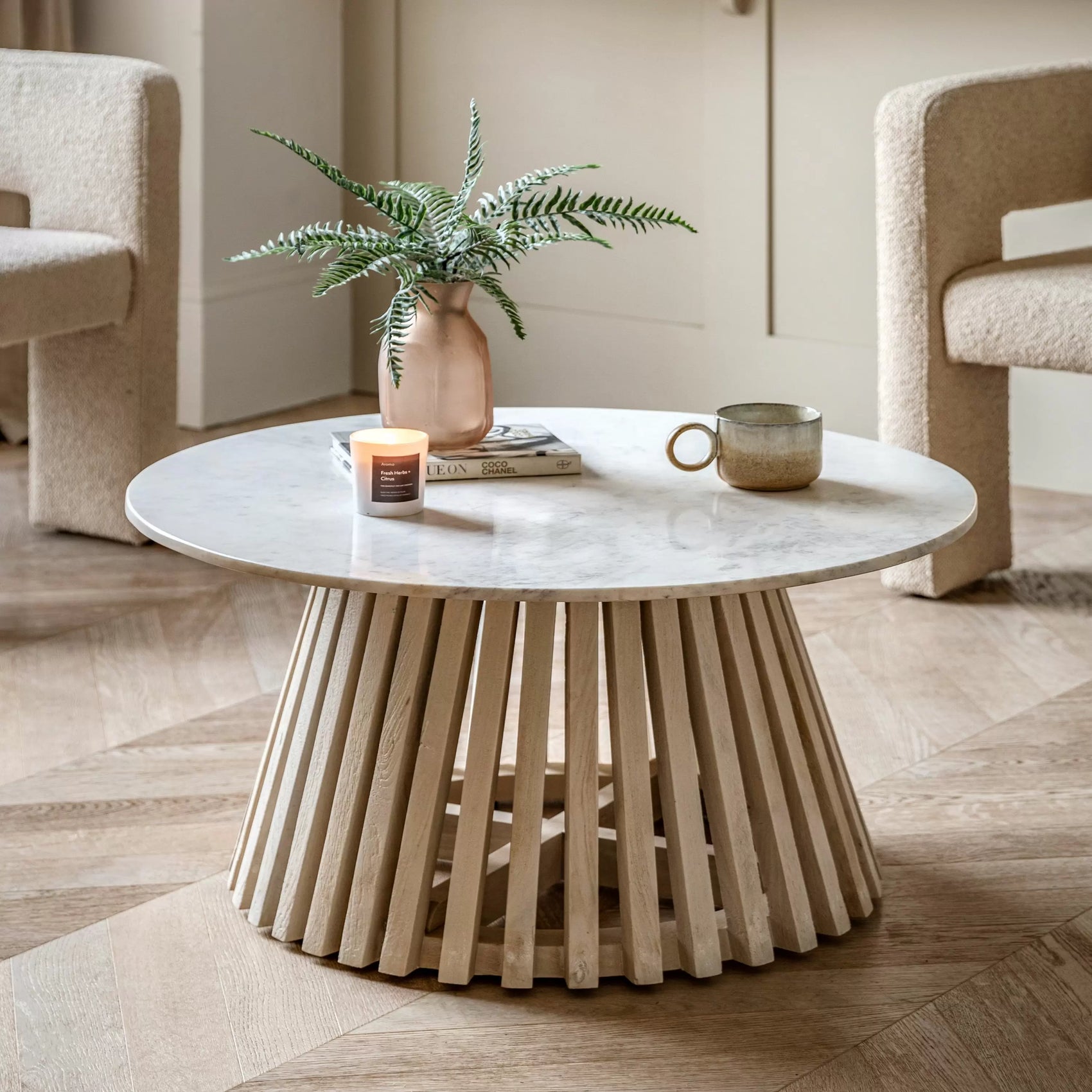 Ardeo Whitewash Mango Wood & White Marble Coffee Table