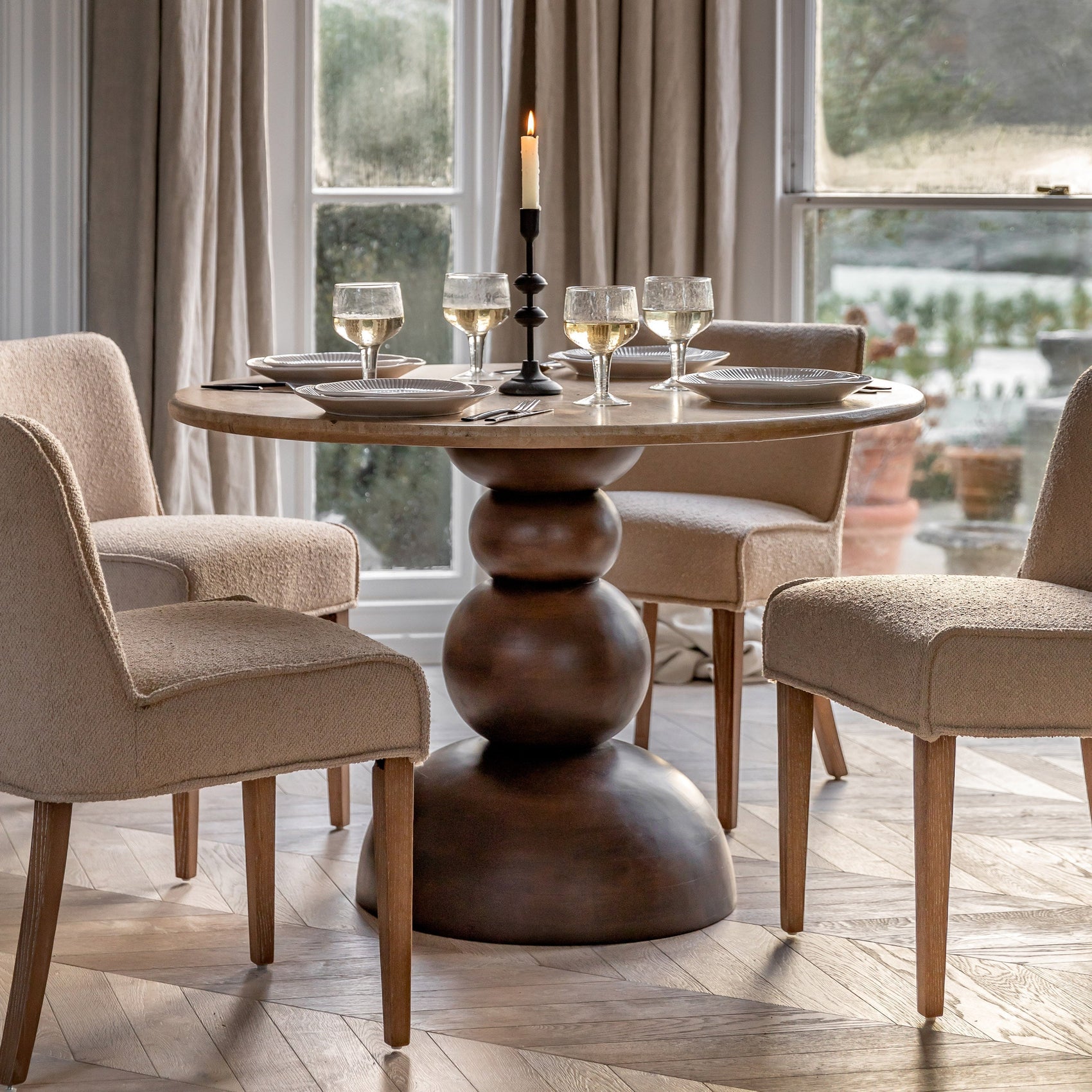 Anders Dark Brown Mango Wood & Travertine Round Dining Table