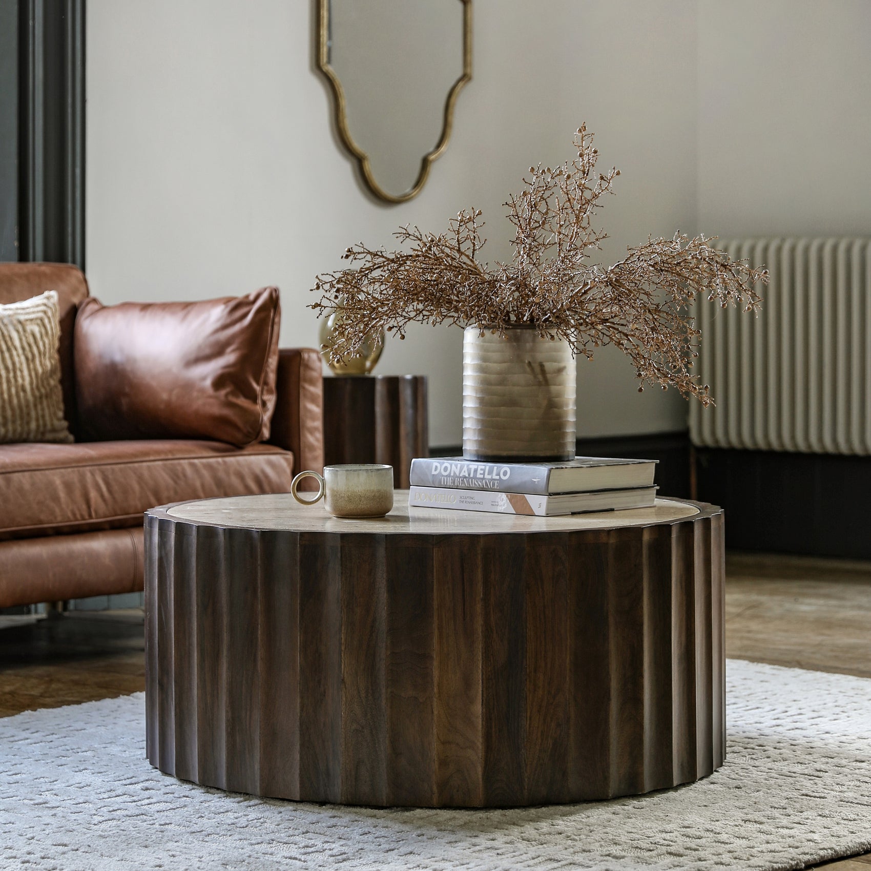 Milena Brown Mango Wood & Travertine Round Coffee Table