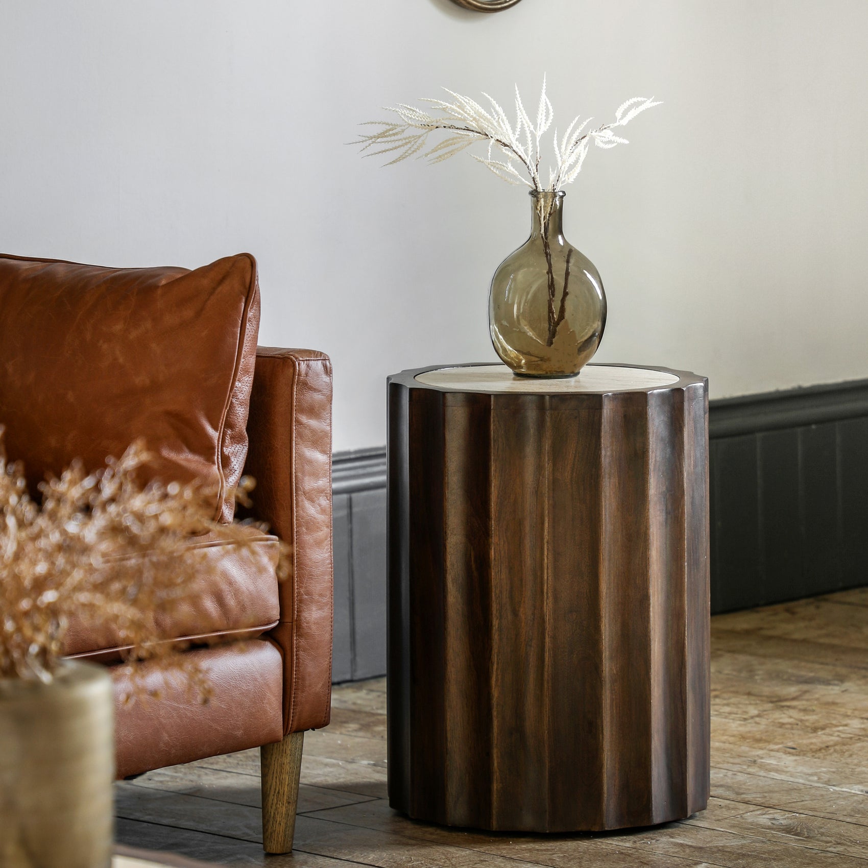 Milena Brown Mango Wood & Travertine Round Side Table